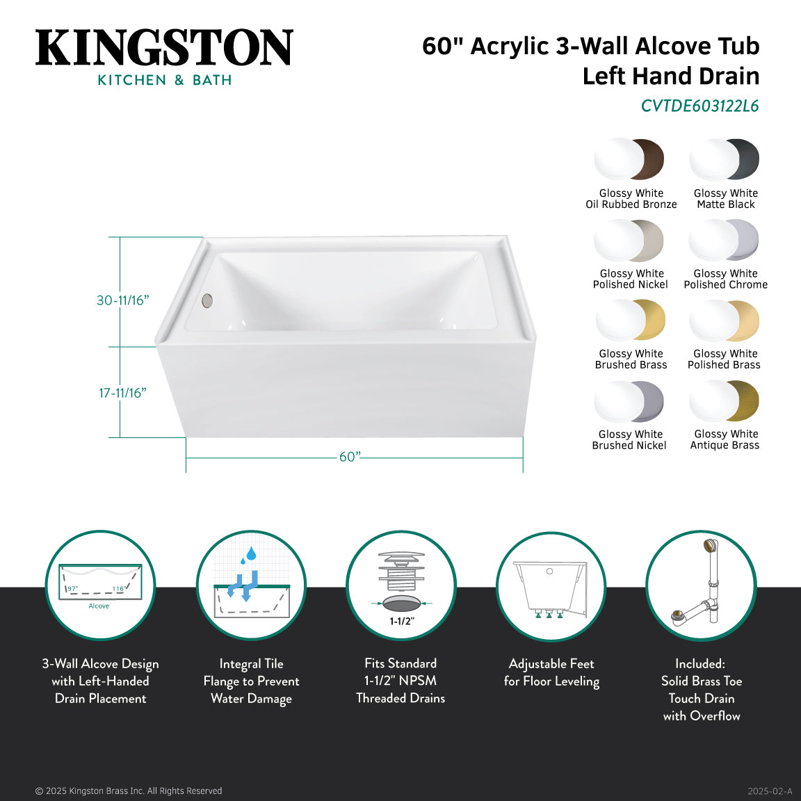 Aqua Eden 66 Inch Acrylic Rectangular 3-Wall Alcove Bathtub Combo with Waste & Overflow Drain - Left Hand Drain, Glossy White/Polished Brass - Perfect for Modern Bathroom Renovations & Spa-Like Retreats