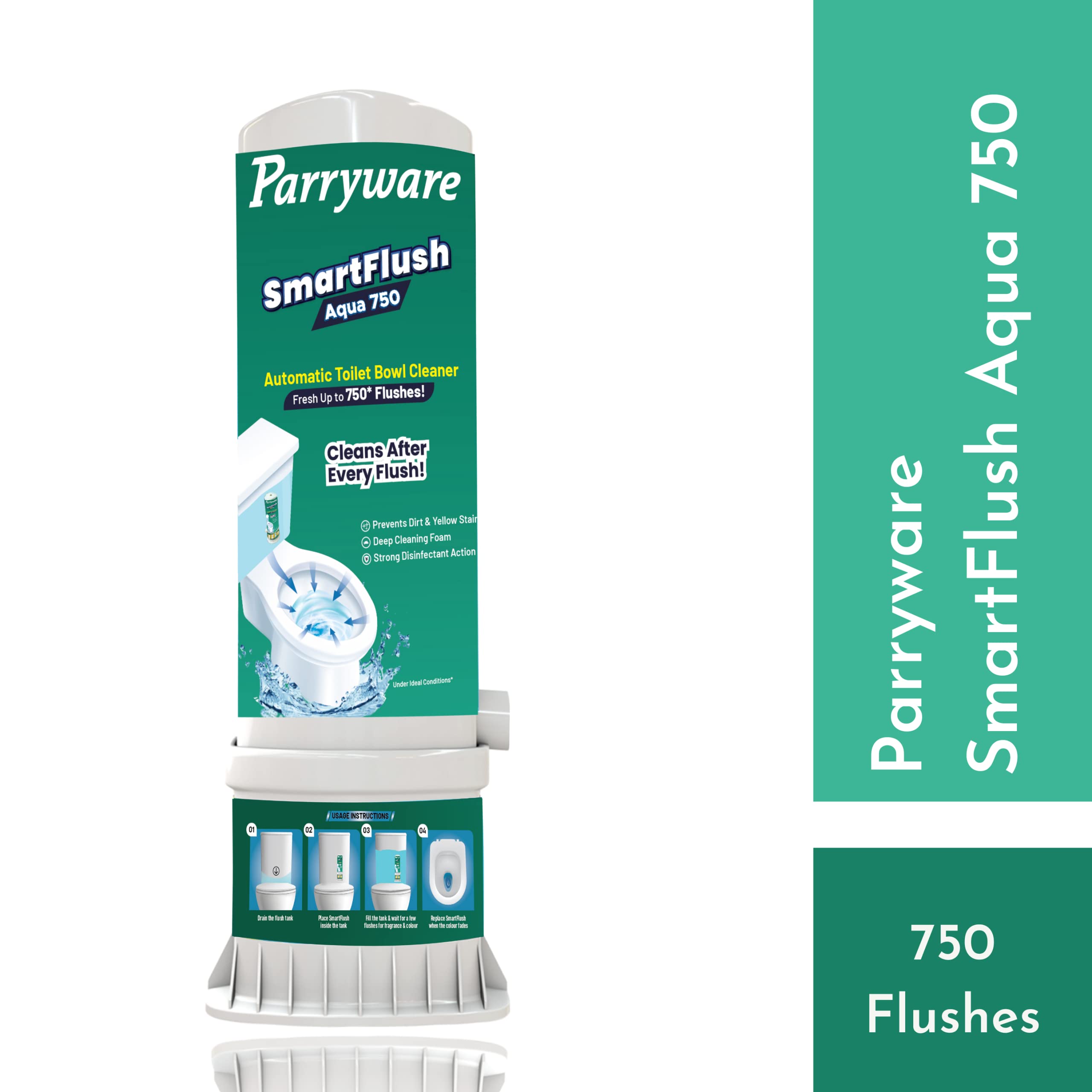 Parryware Smart Flush Aqua 750 Automatic Toilet Bowl Cleaner - Prevents Dirt & Yellow Stains, Kills 99.9% Germs | Fragrance-Free, Long-Lasting 750 Flushes (1-Pack) | Ideal for Homes, Offices & Commercial Restrooms