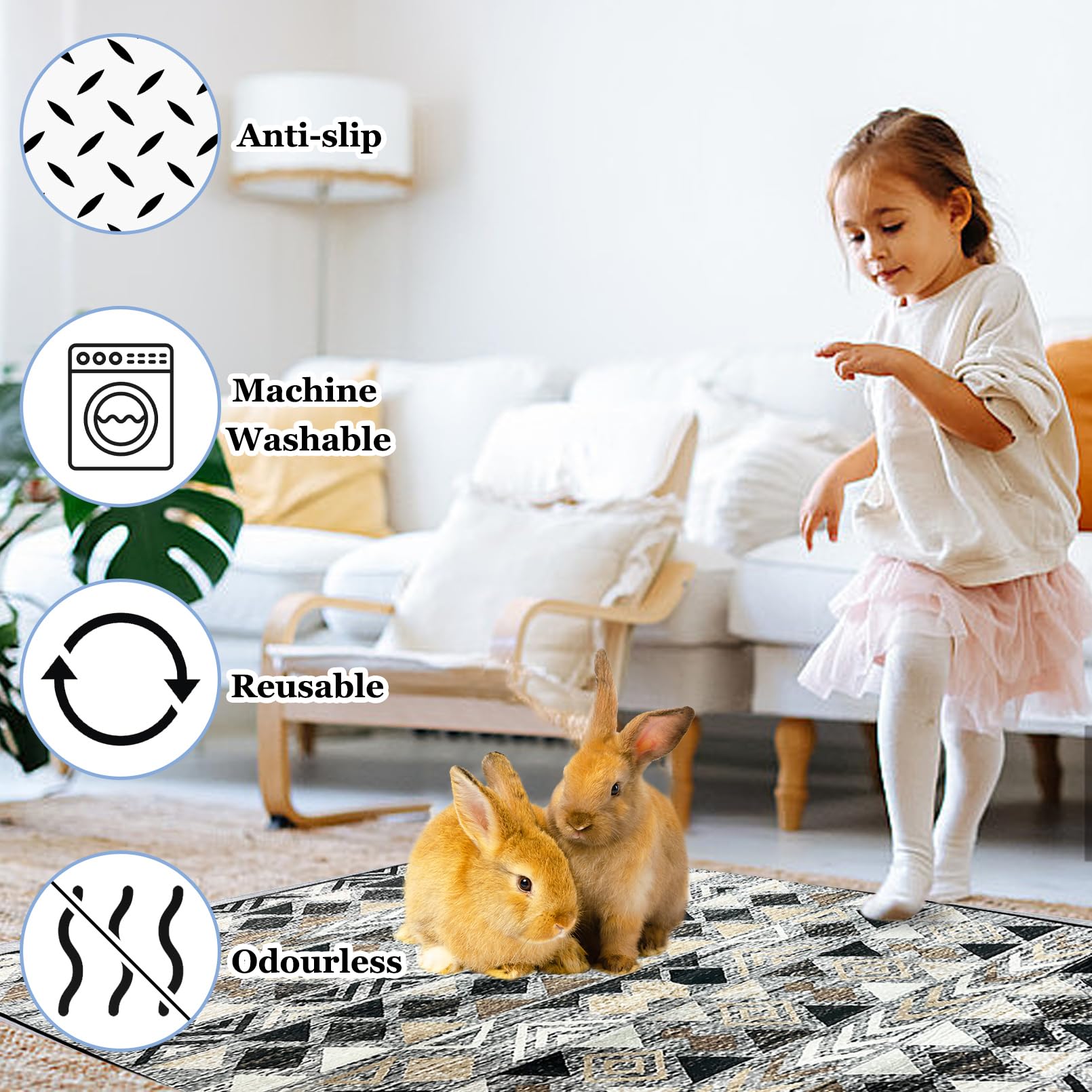 BNOSDM 63x47 Inch Washable Rabbit Cage Liner - Reusable Bunny Mat with Anti-Slip Bottom, Soft Pet Playpen Pad for Rabbits, Dogs, Chinchillas, Guinea Pigs & Ferrets - Perfect for Indoor Cages, Play Areas & Floor Protection