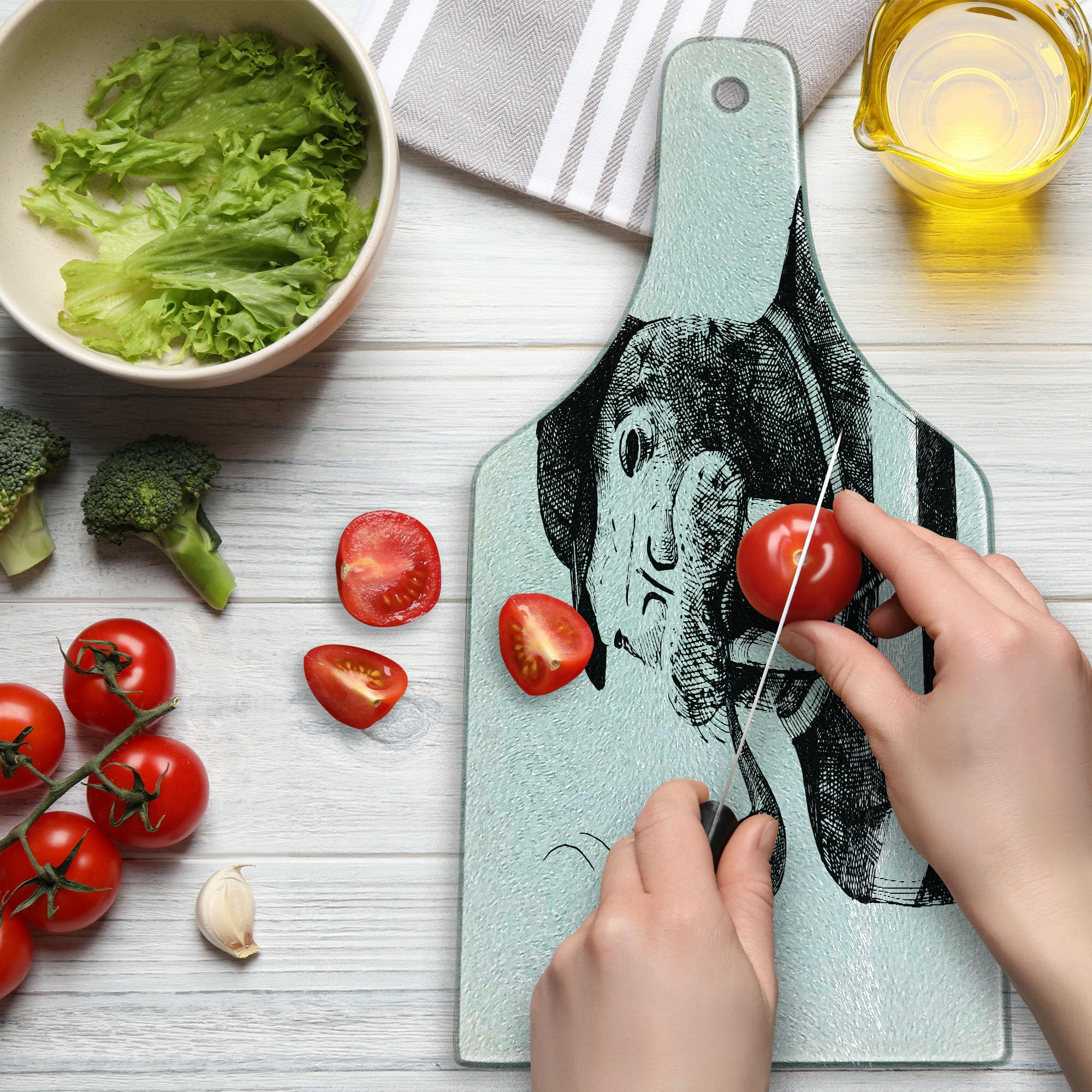 Ambesonne Indie Walrus Design Cutting Board - Hand Drawn Anthropomorphic Sketch Art - Tempered Glass Serving Board for Kitchen & Dining - Wine Bottle Shape - White & Black - Perfect for Cheese Platters, Charcuterie & Party Entertaining