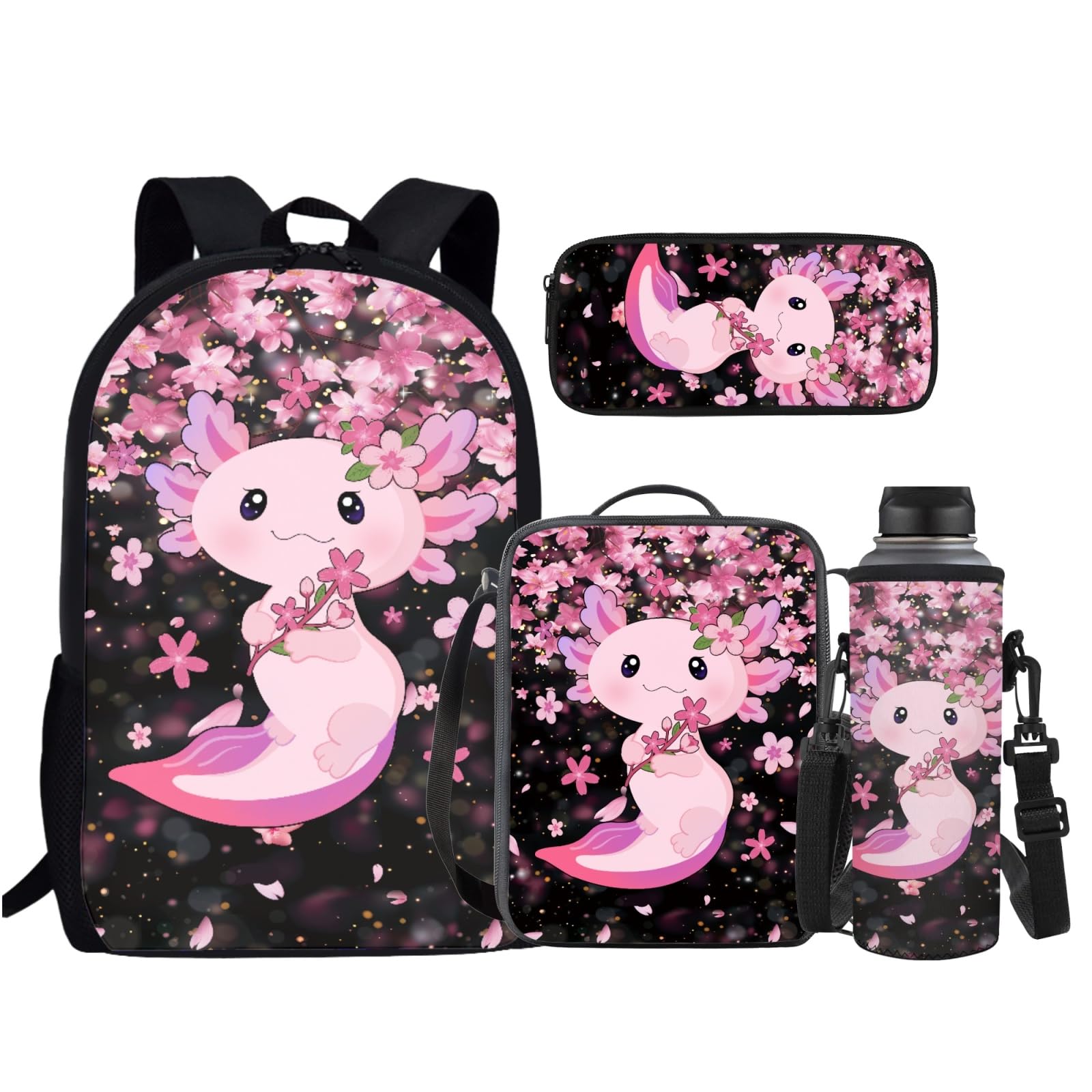 Cute Axolotl Kids Backpack Set with Lunch Box, Pencil Case & Bottle Holder - School Bookbag for Boys & Girls, Lightweight Daypack for Travel, Class, Camping & Outdoor Activities (4-Piece Set)