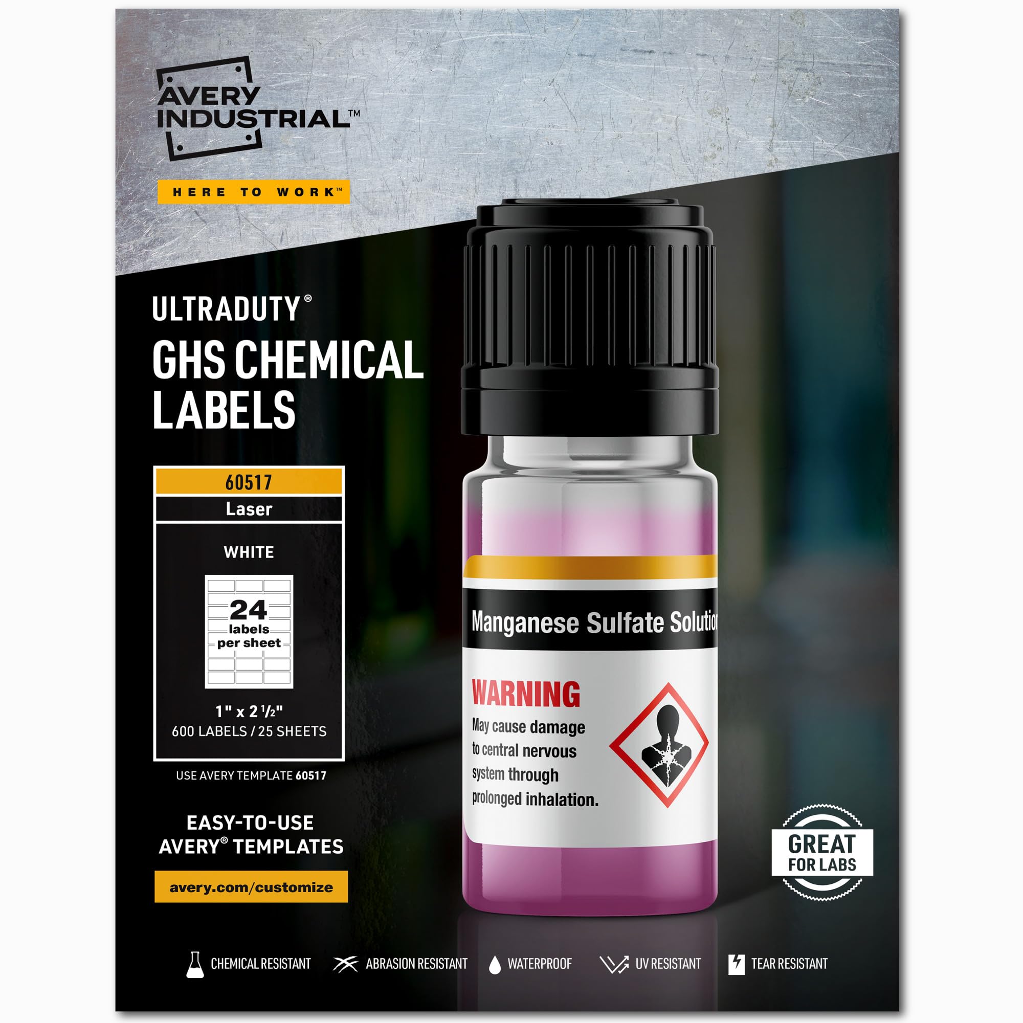 Avery UltraDuty GHS Chemical Labels for Laser Printers - Waterproof & UV Resistant - 1