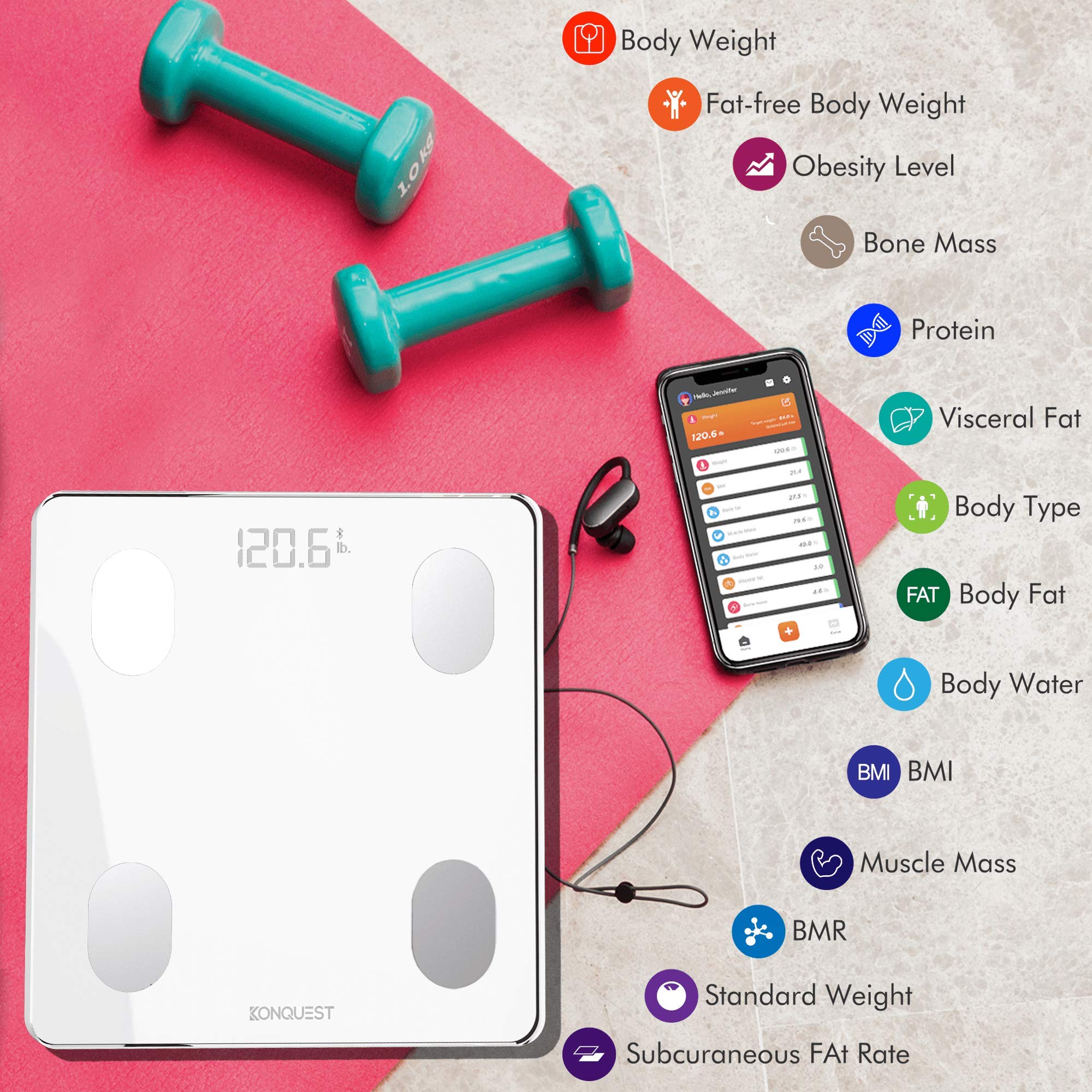 KONQUEST Smart Body Weight Scale - Digital Bathroom BMI Scale with Bluetooth, Body Fat & Composition Analyzer, Health Monitor, 400 lbs Capacity, White - Track Fitness Goals & Monitor Health Progress with Smartphone App for Home Gym & Wellness Routine