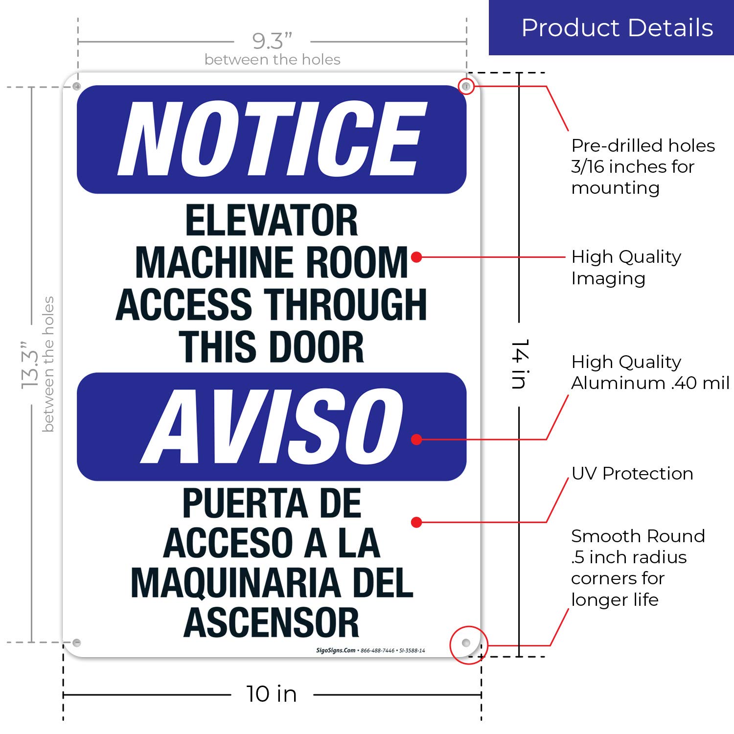 OSHA Compliant Bilingual Elevator Machine Room Access Sign - 10x14 Inches, Rust-Free .040 Aluminum, Fade Resistant for Indoor & Outdoor Use - Made in USA | Perfect for Commercial Buildings, Warehouses & Industrial Facilities
