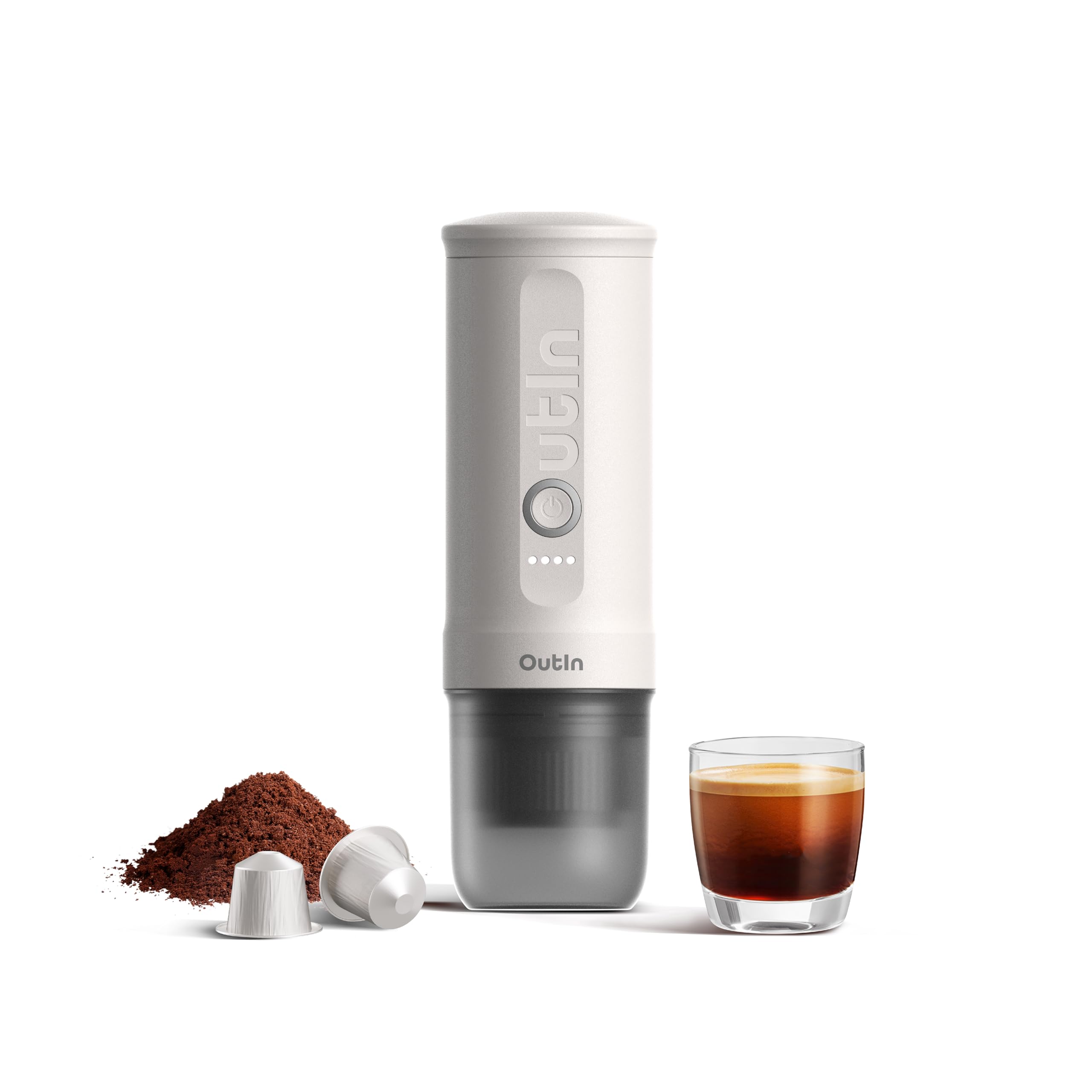 OutIn Nano Portable Electric Espresso Machine - USB-C Travel Coffee Maker for Camping, Car, RV & Office | Self-Heating Mini Espresso Brewer with Ground Coffee & NS Capsule Compatibility | Perfect for Outdoor Adventures, Road Trips & Workspaces