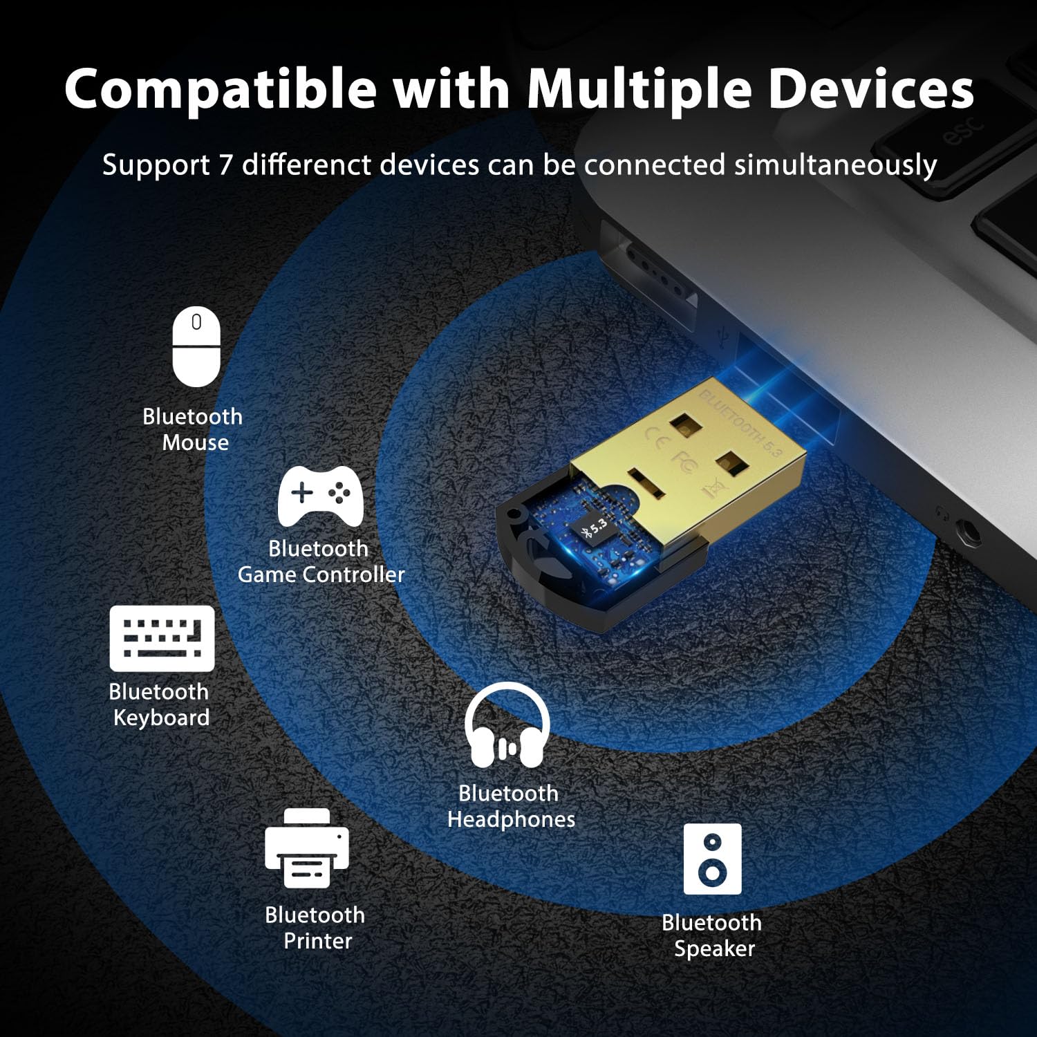 FesiGif USB Bluetooth 5.3 Adapter for PC - Mini Wireless Dongle Transmitter/Receiver for Laptops, Bluetooth Headphones, Keyboard & Mouse - Plug & Play for Home Office, Gaming & Streaming
