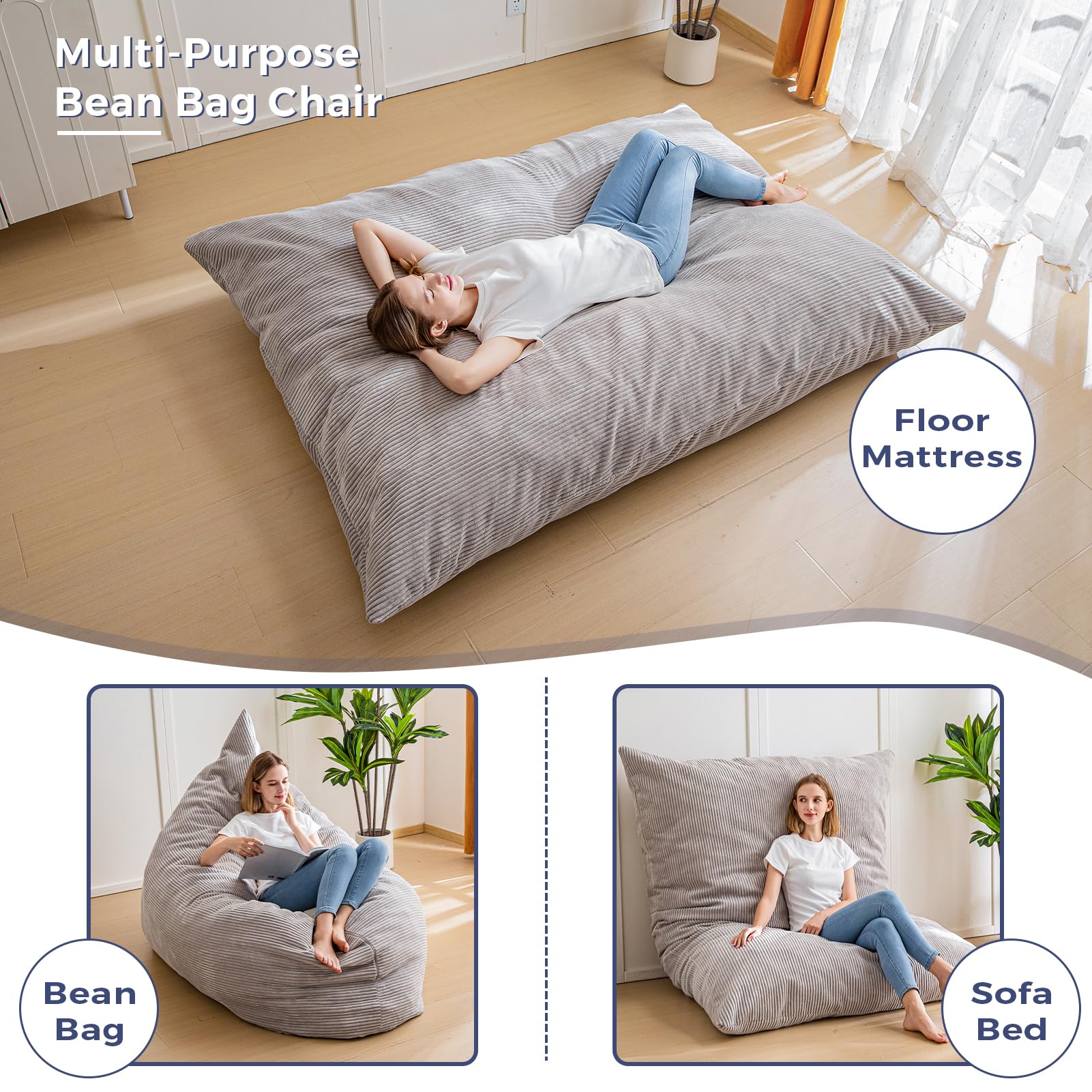 MAXYOYO 3-in-1 Bean Bag Chair - Giant Comfy Pillow Lounger for Living Room, Bedroom & Dorm - Soft Grey Memory Foam Furniture for Relaxing, Gaming & Reading