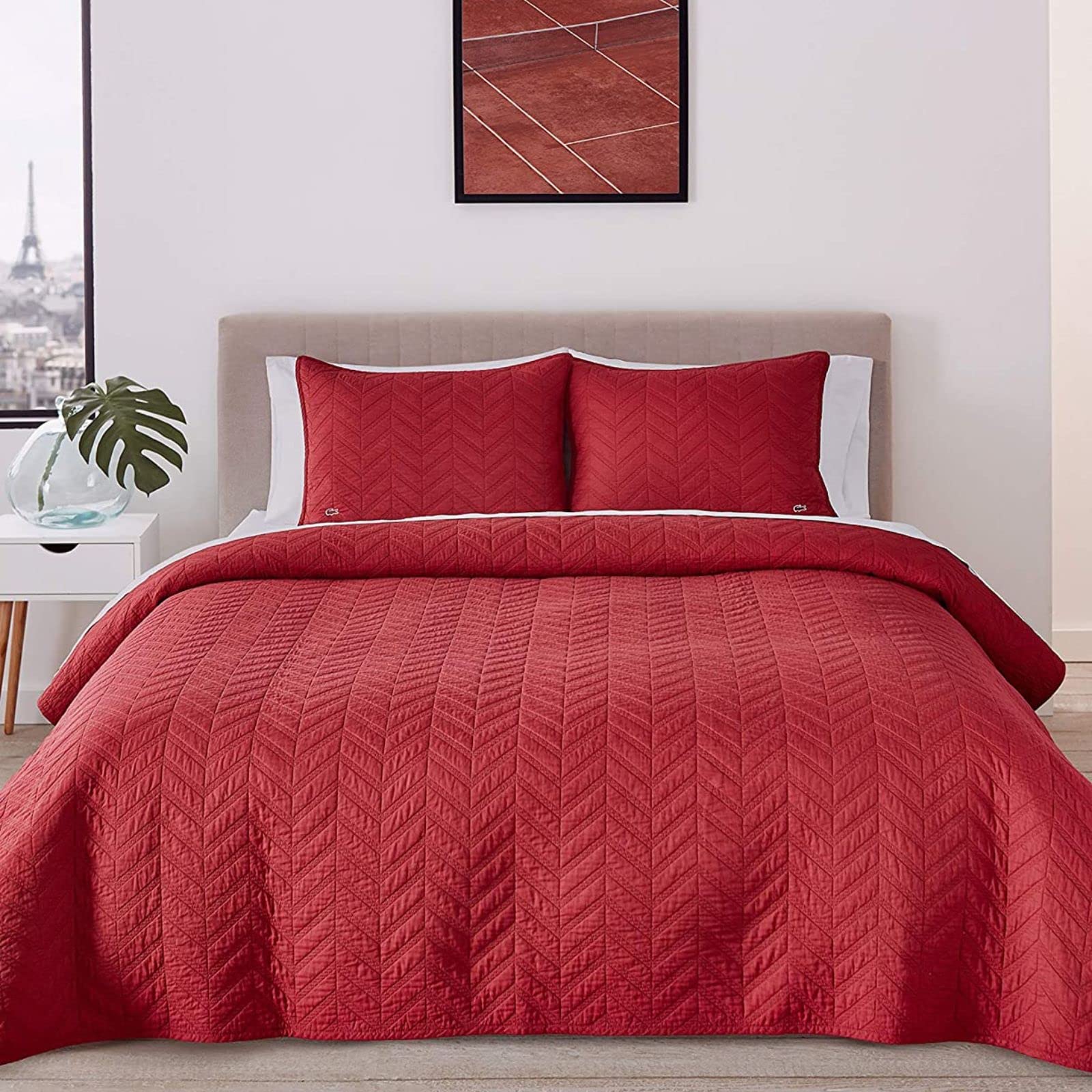 Lacoste Herringbone Stitch 2-Piece Quilt Set - Twin Size, Deep Red - Soft & Stylish Bedding for Cozy Bedroom Decor