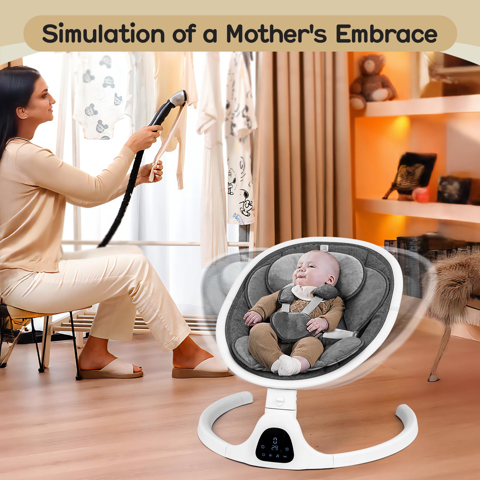 Electric Baby Swing for Infants to Toddlers - 5 Speed Adjustable, Remote Control, Built-in Lullabies & Digital Touch Panel (Elegant Gray) - Perfect for Nursery, Bedtime Soothing & Hands-Free Parenting