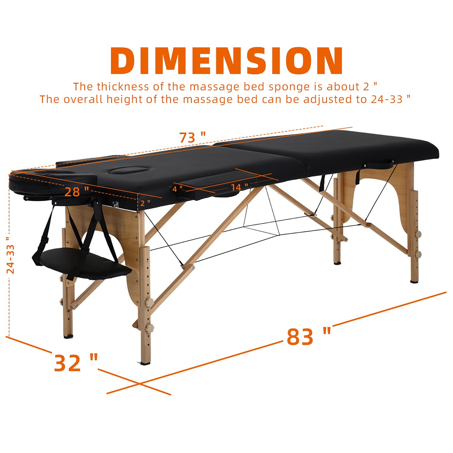 HCY 73 Inch Portable Massage Table - Adjustable Height Wooden Leg Folding Massage Bed with Carry Case for SPA, Salon & Tattoo (Black) | Perfect for Professional Therapists, Home Use & Mobile Services
