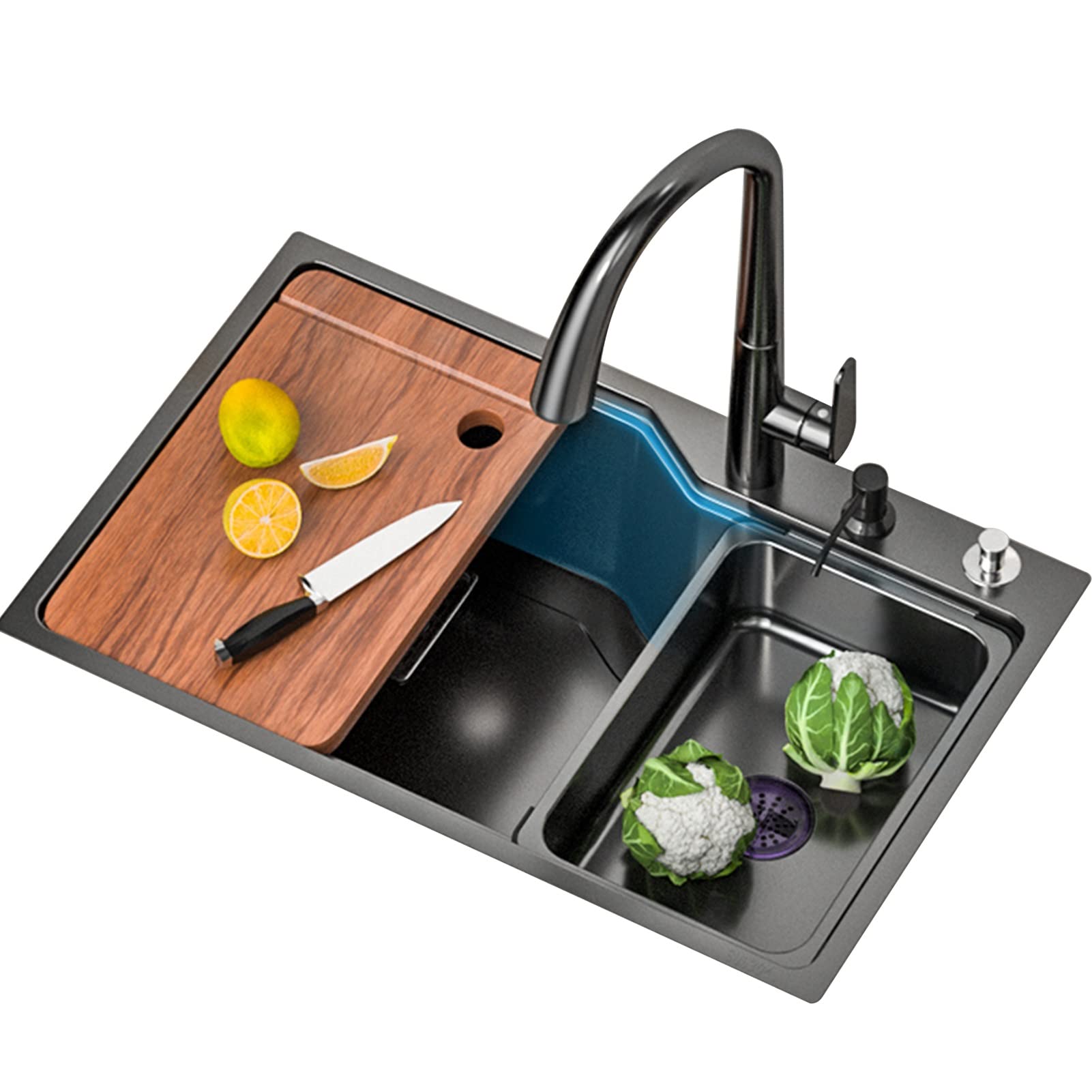 Premium Farmhouse Kitchen Sink with Pull-Down Faucet - Drop-in or Undermount Workstation Sink Kit with Dual Basin Design and Built-in Soap Dispenser - Perfect for Modern Kitchens, Food Prep, and Large Dishwashing Tasks