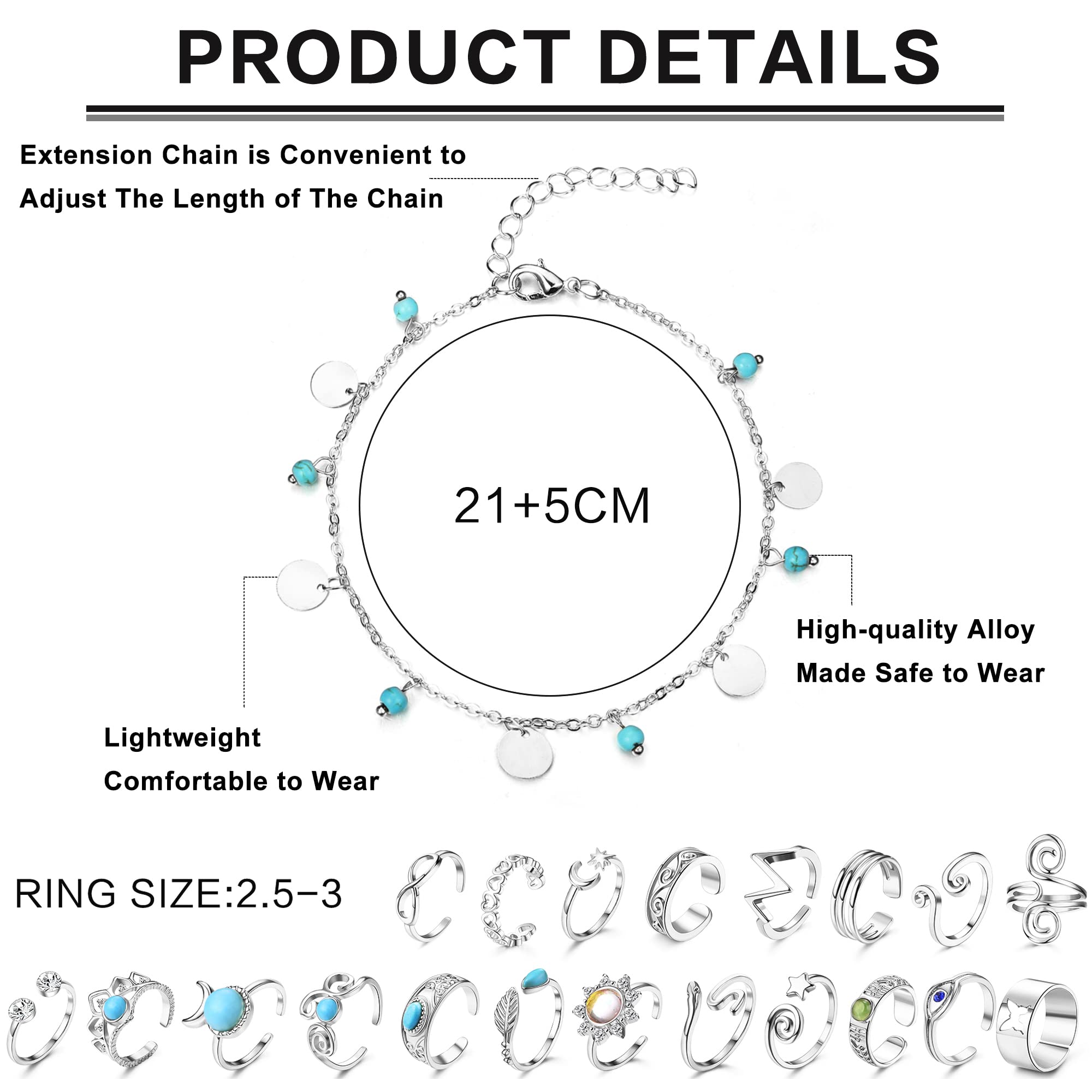 JOERICA 25 Pcs Adjustable Turquoise Toe Rings & Ankle Bracelets for Women - Gold & Silver Boho Anklets - Open Toe Rings for Beach, Summer & Festival Wear
