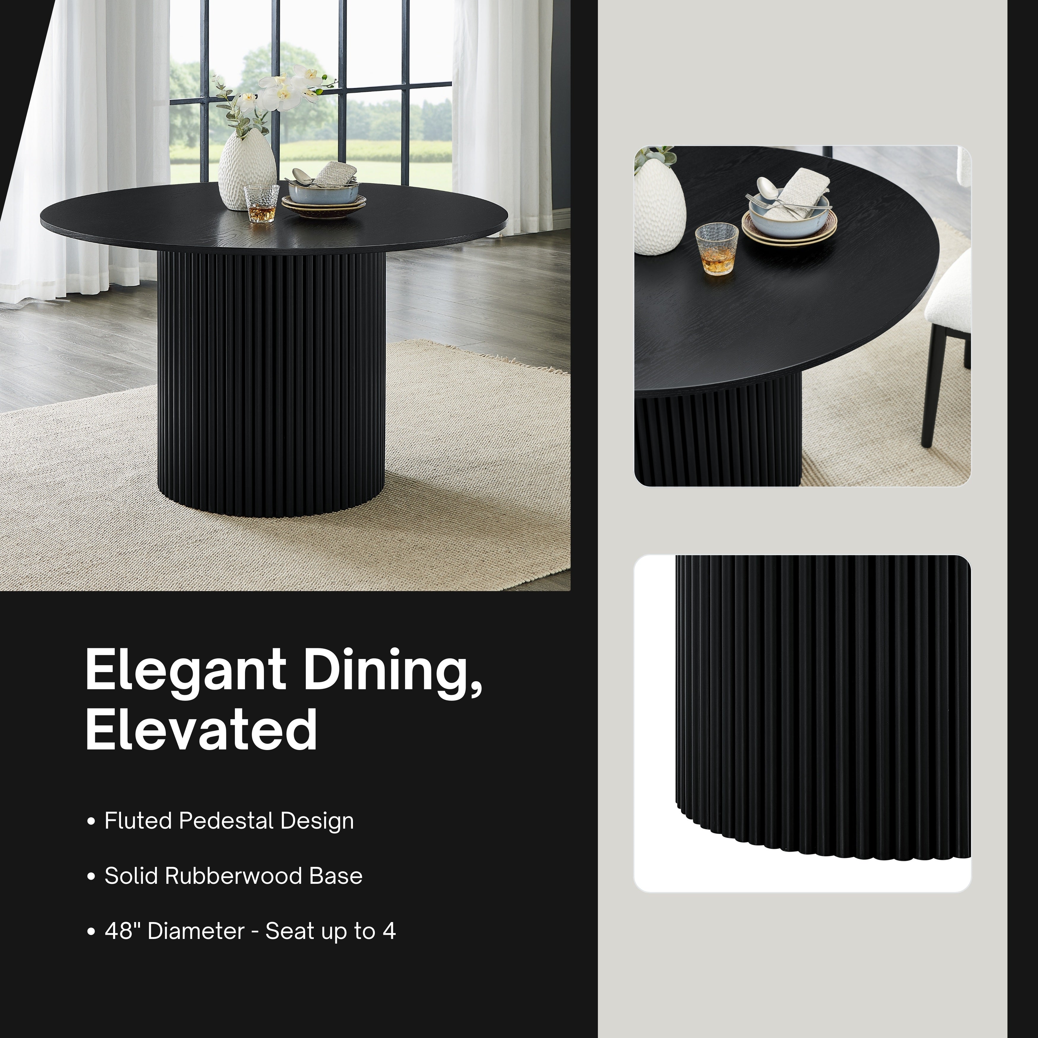 Roundhill Furniture Henriet 48-Inch Pedestal Base Round Dining Table in Black - Perfect for Small Space Dining Rooms, Breakfast Nooks & Kitchen Tables
