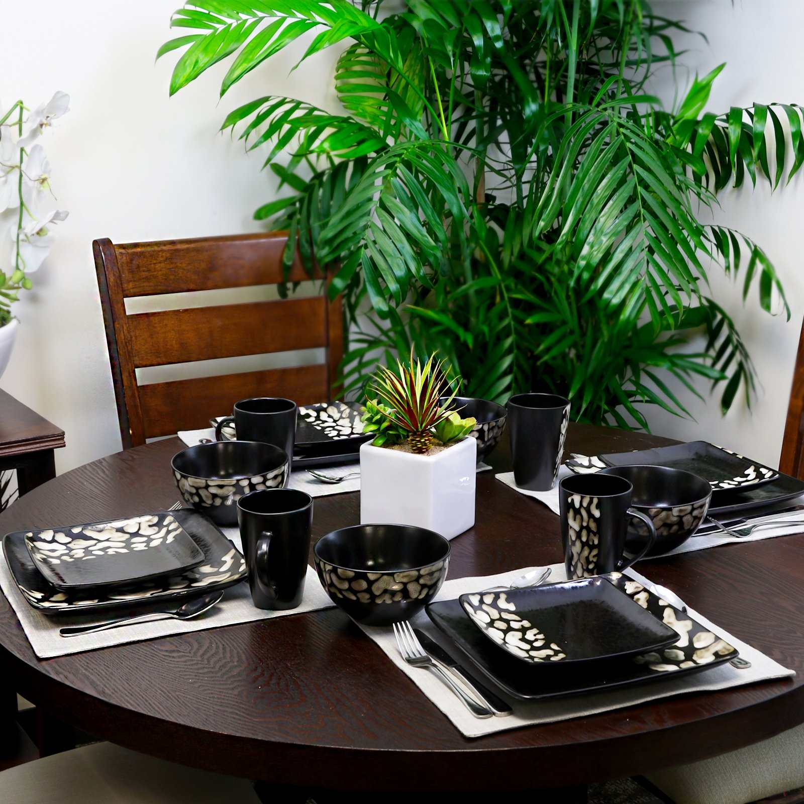 Elama Square Stoneware Dinnerware Set - 16-Piece Matte Black Cheetah Print Plates, Bowls & Mugs - Durable Stoneware for Everyday Use, Dinner Parties & Modern Kitchen Decor