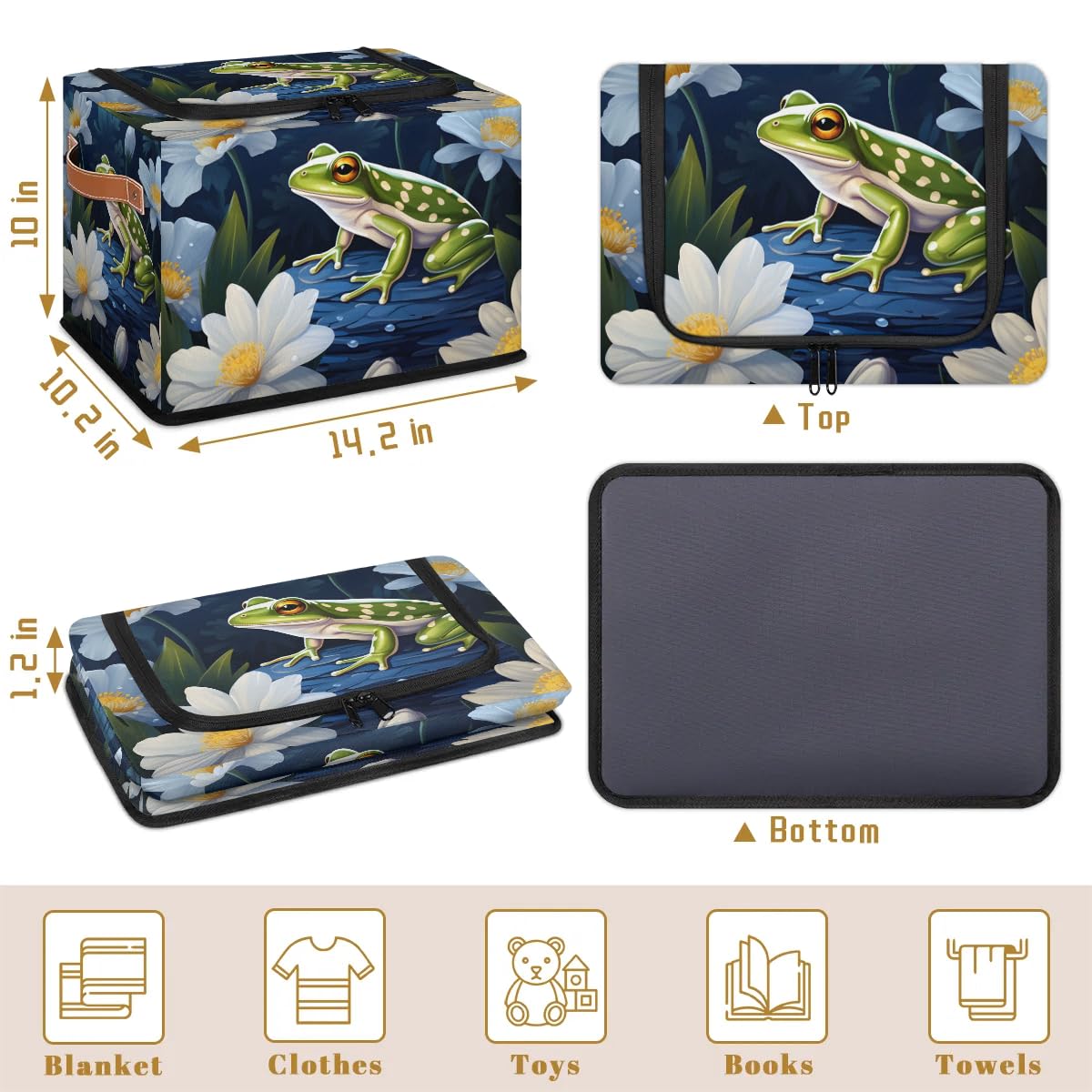 Frog White Flower Storage Bins with Zipper Lid - 2 Pack Stackable Storage Baskets with Metal Frame & PU Handles - Closet Organizer Cube for Clothes, Toys, or Blankets - Perfect for Bedroom, Nursery, or Dorm Organization