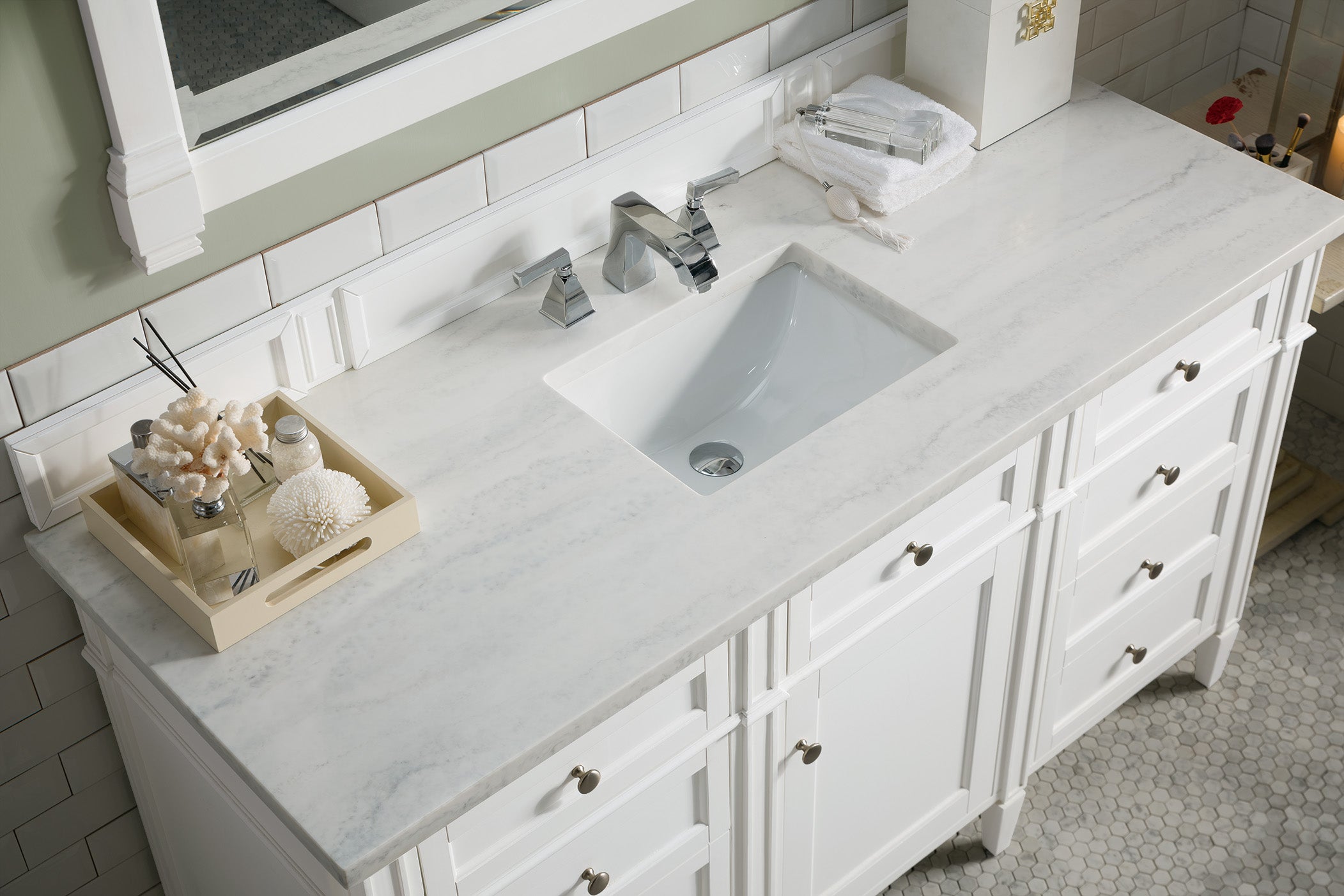 Brittany 60-Inch Bright White Bathroom Vanity with 3CM Arctic Fall Solid Surface Top - Perfect for Modern Master Bathrooms & Powder Rooms
