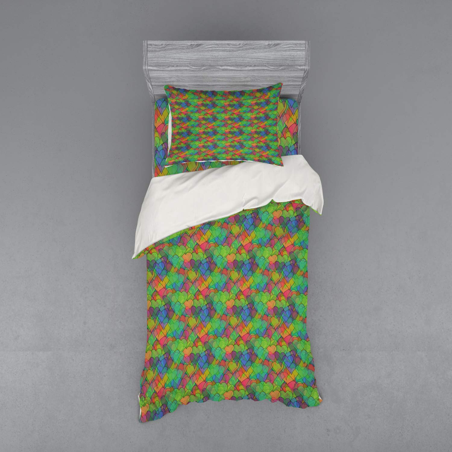 Ambesonne Psychedelic Heart Duvet Cover Set - 3 Piece Twin XL Bedding with Sham & Fitted Sheet, Vibrant Multicolor Valentine's Day Romantic Doodle Design - Perfect for Teen Bedrooms, Dorm Decor & Gift for Couples