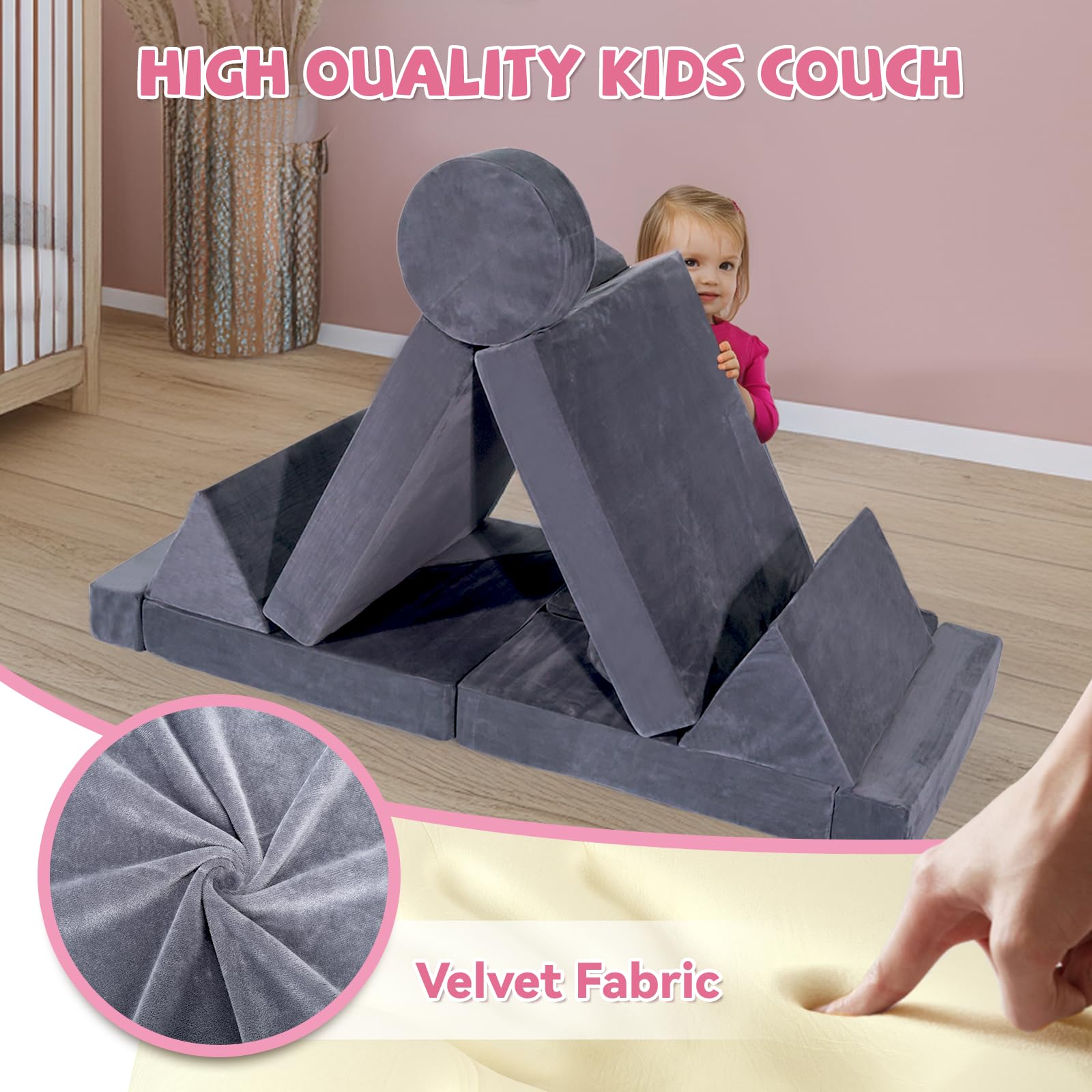 **ISBA 14-Piece Kids Play Couch Modular Sofa Set - Convertible Toddler Foam Couch for Playroom & Bedroom - Grey - Perfect for Fort Building, Lounging & Creative Play**