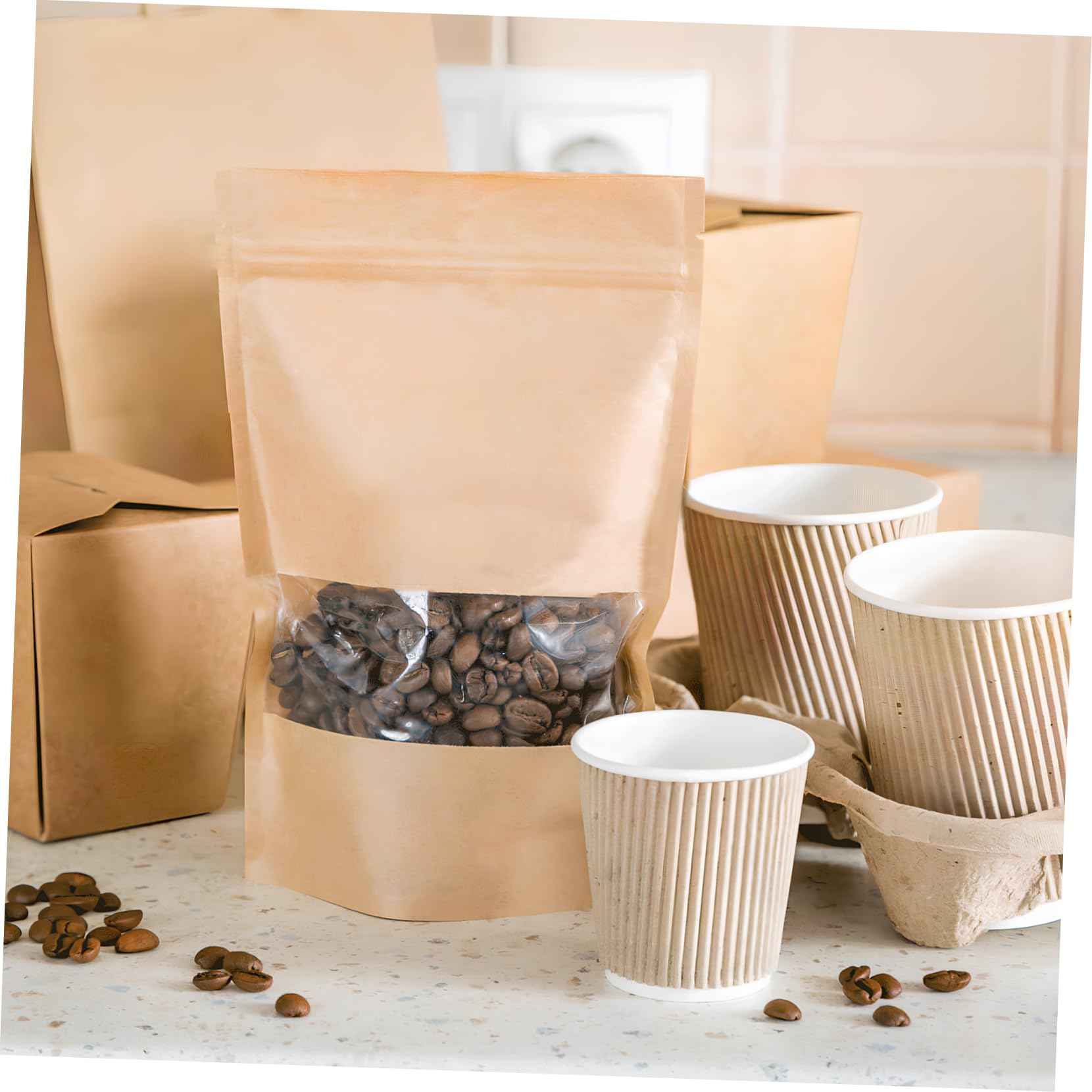 Angoily 50 Pcs Resealable Kraft Bags with Window - Eco-Friendly Coffee Packaging for Small Business | Perfect for Coffee Beans, Tea, Snacks & Crafts Storage