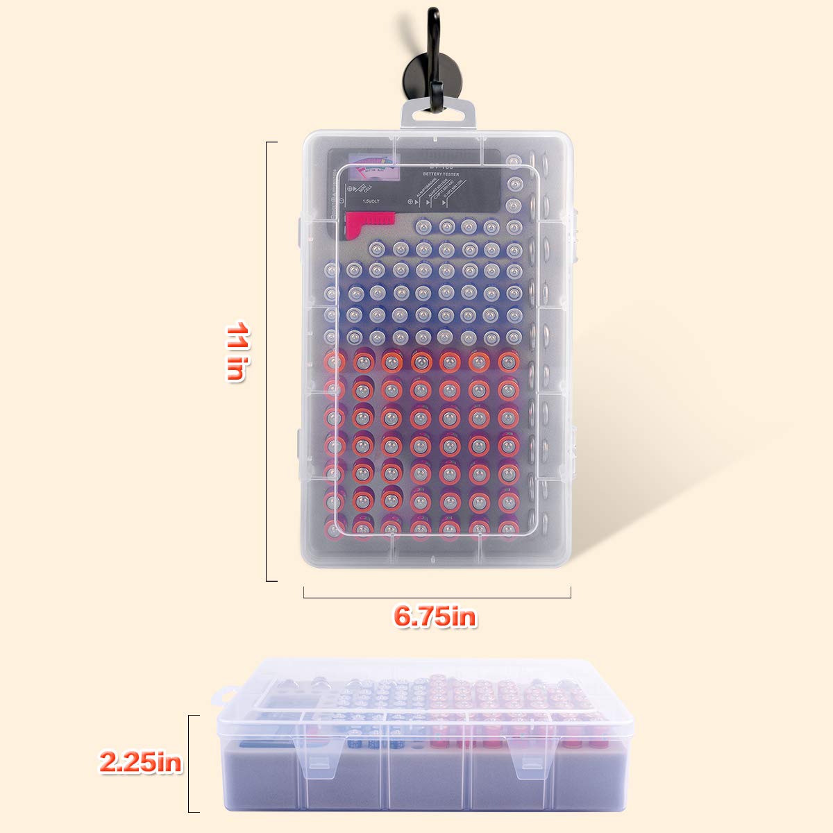 Premium Battery Storage Organizer Box with Built-in Tester - Holds 120+ AA AAA Lithium CR123 LR44 CR2016 CR2032 Batteries (Batteries Not Included) - Perfect for Garage, Workshop & Home Organization