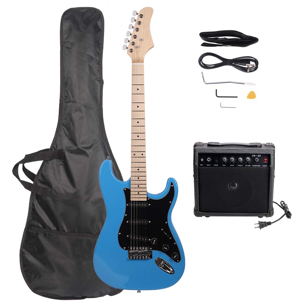 Waful 6-String Electric Guitar Beginner Kit with Amp, Bag & Accessories - Solid Body ST Style Electric Guitar in Blue with Black Pickguard - Perfect for Beginners, Practice, Live Performances & Home Studio Recording