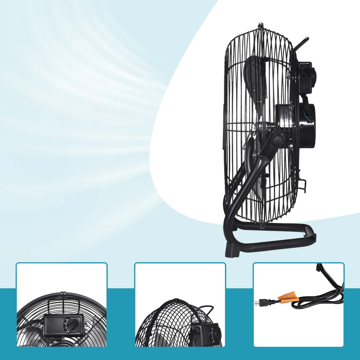 12 Inch 3-Speed High Velocity Industrial Heavy Duty Metal Floor Fan - Black with Adjustable Tilting Head for Indoor & Outdoor Use - Perfect for Warehouses, Garages, Workshops, and Home Cooling