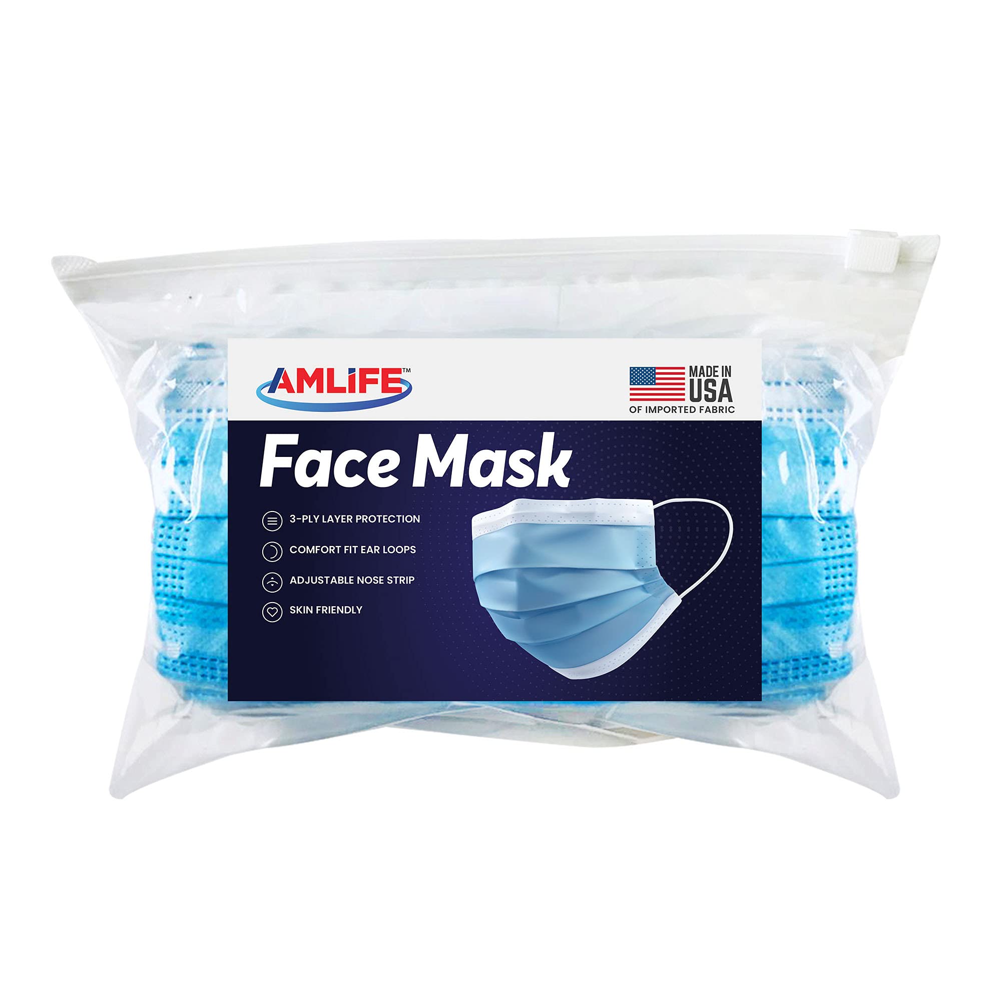 AMLIFE 3-Ply Disposable Face Masks (50 Pack) - Made in USA - For Work & Travel
