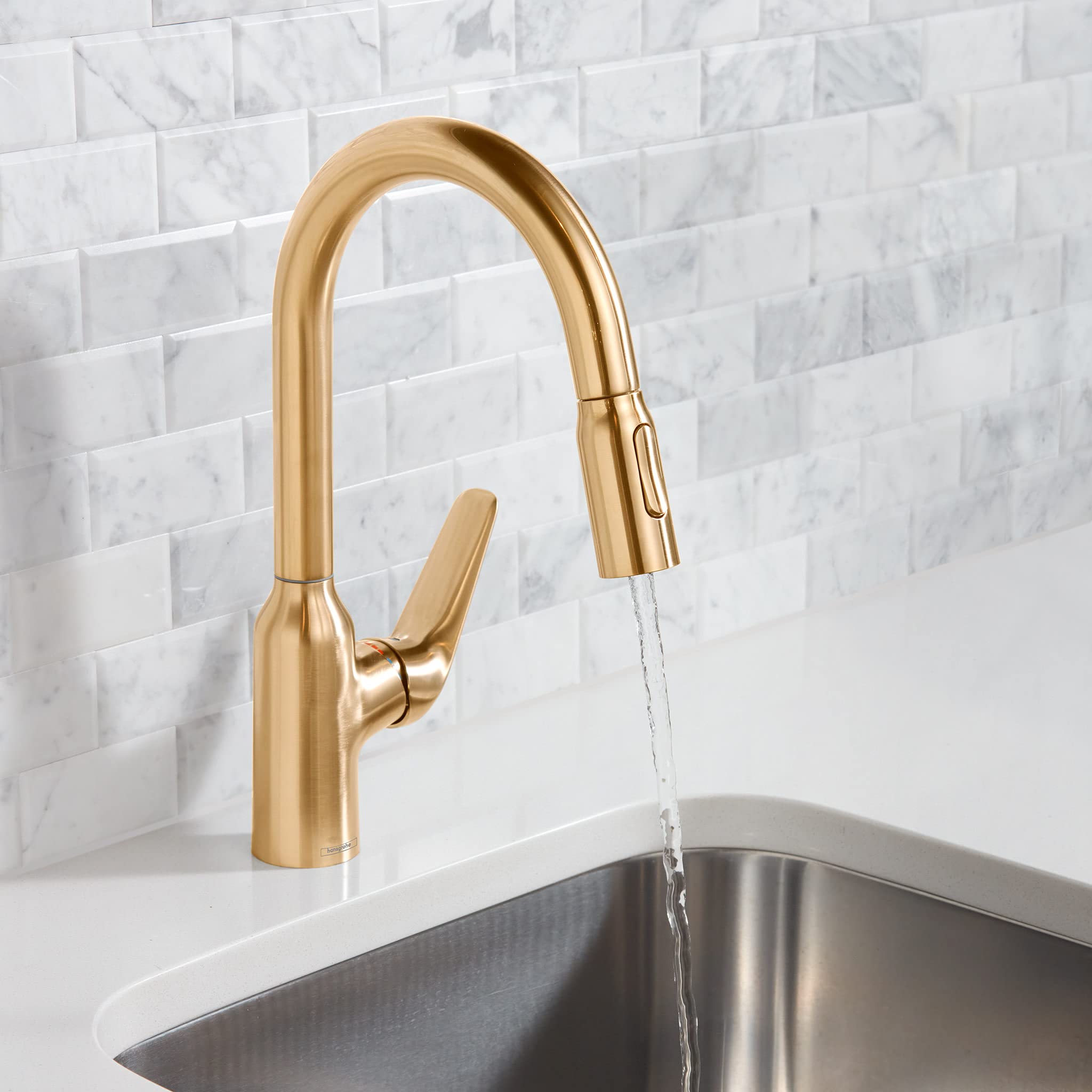Hansgrohe Focus N Gold Bar Kitchen Faucet with Pull Down Sprayer - Brushed Gold Finish (Model 71801251) - Perfect for Modern Kitchens, Bar Sinks & Food Prep Stations