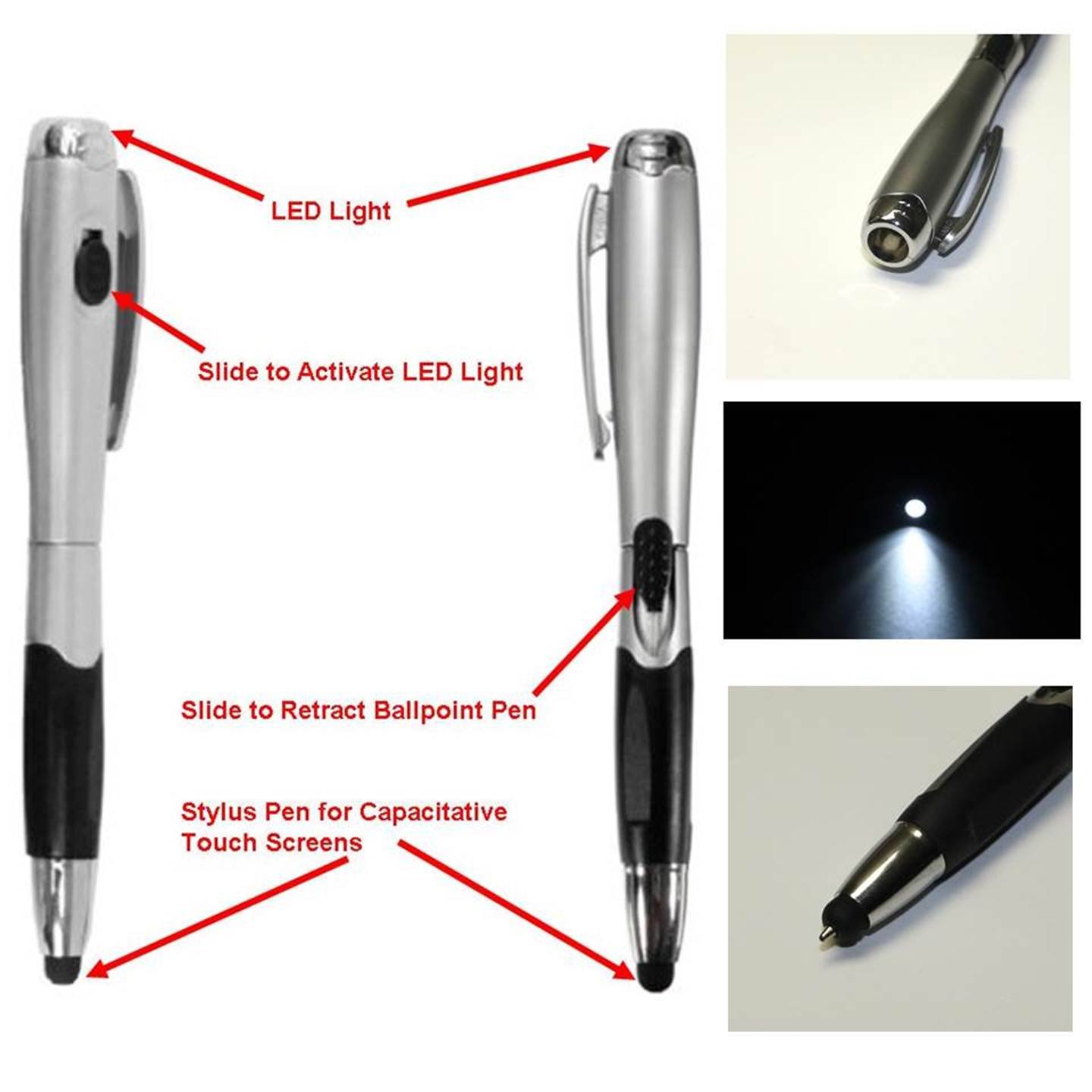 5-Pack 3-in-1 Universal Stylus Pen with LED Flashlight - Touch Screen Stylus, Ballpoint Pen & Light for iPhone, iPad, Samsung Tablets & Smartphones (Includes 10 Extra Ink Refills) - Perfect for Note-Taking, Drawing & Low-Light Use