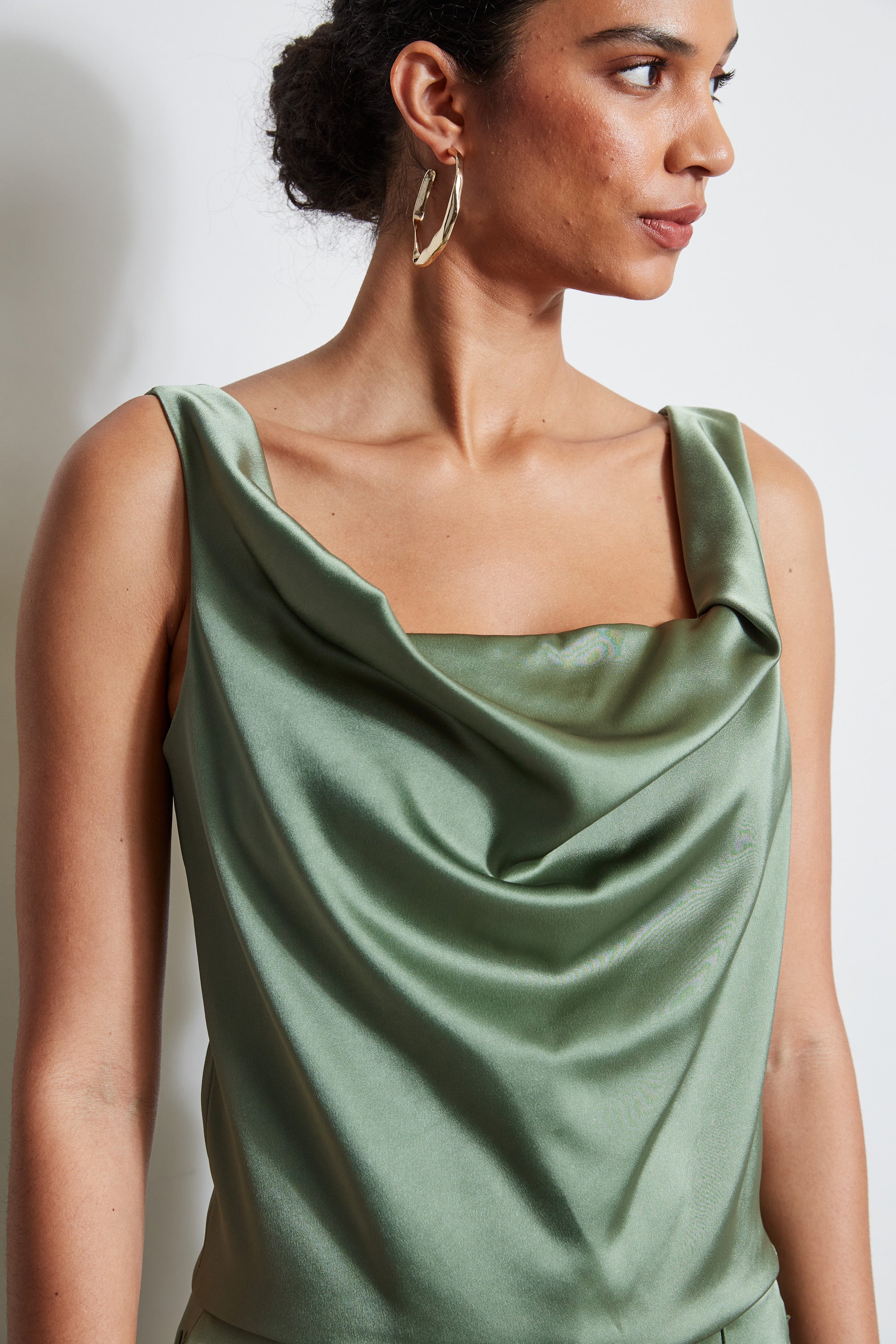 Satin Cowl Neck Cami Top - E401N504 Tuscan Olive - Women's Elegant Layering Piece for Evening Outfits & Special Occasions
