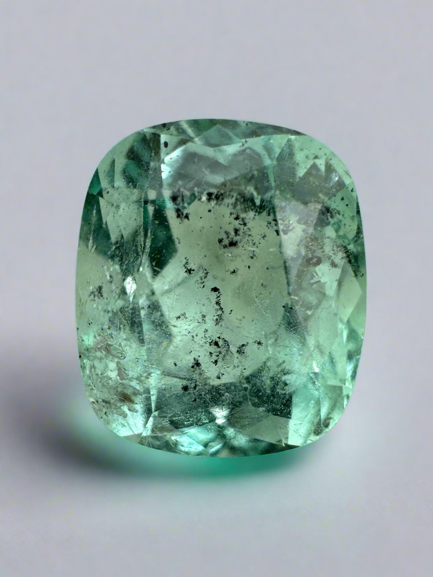 4.94 Carat 11x9.5mm Natural Colombian Emerald Loose Gemstone - Freckled Sea Foam Green Cushion Cut for Jewelry Making, Engagement Rings & Collector's Items