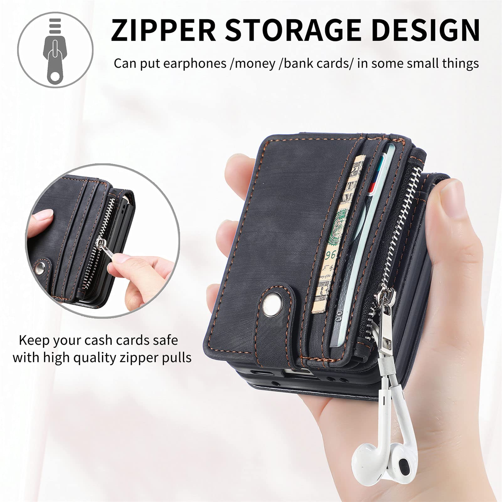 Premium Leather Wallet Case for Samsung Galaxy Z Flip 4 - Detachable Card Holder, Magnetic Kickstand & Shockproof Design | Slim Minimalist Front Pocket Wallet for Men & Women (Black) | Perfect for Everyday Carry, Travel & Business Use