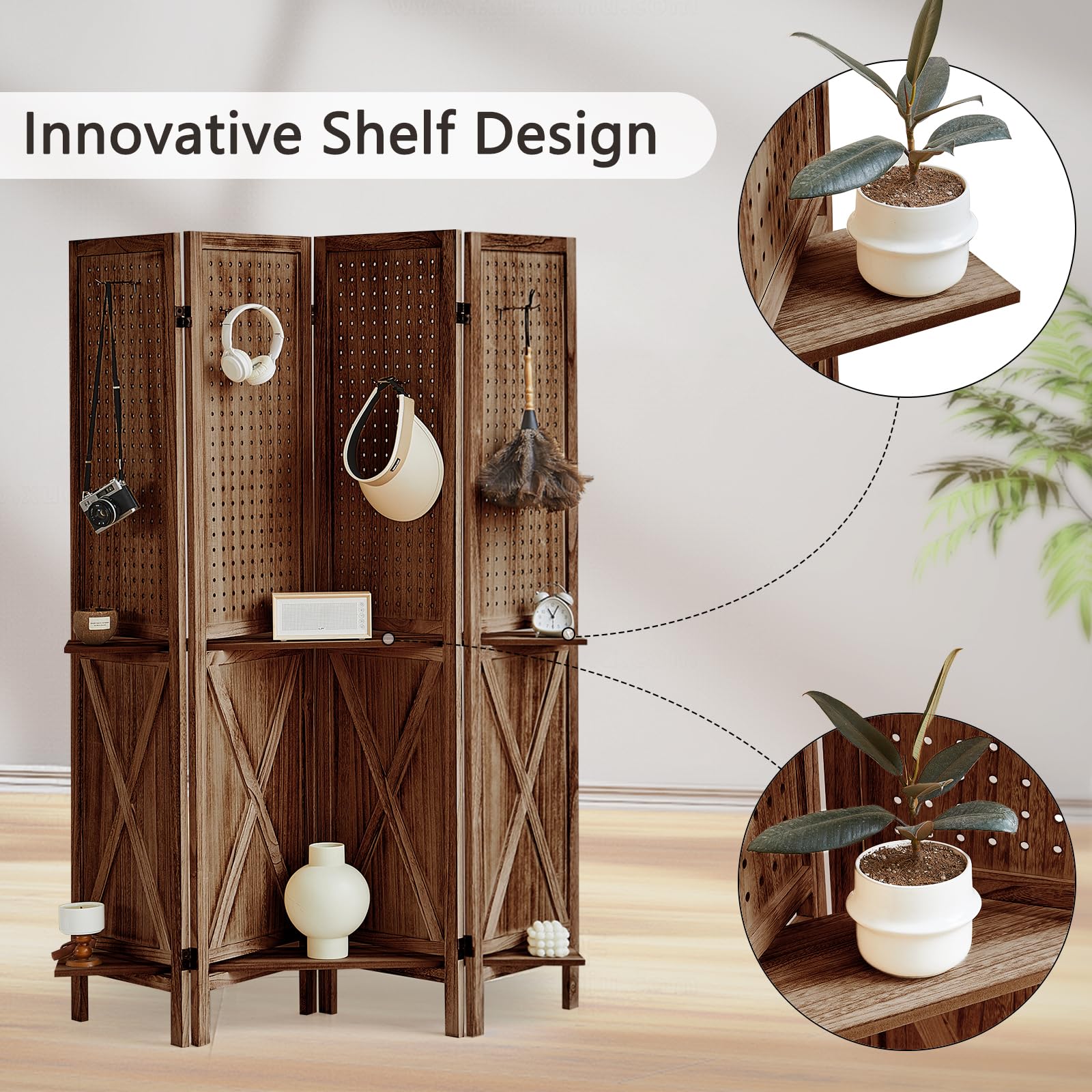 4 Panel Wood Room Divider with Shelves - Folding Privacy Screen & Pegboard Display - Easy to Move for Home & Store Use - Brown (Perfect for Studio Apartments, Office Spaces & Retail Displays)