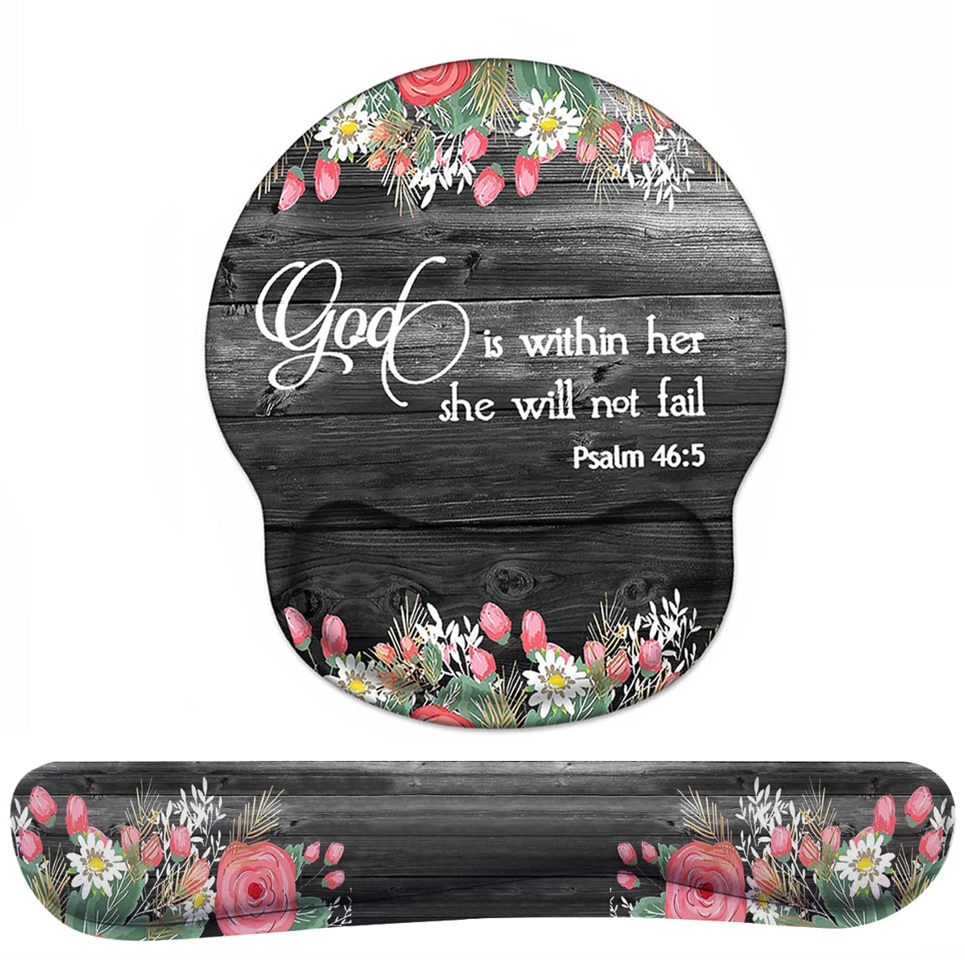 Ergonomic Keyboard Wrist Rest & Mouse Pad Support Set with Coasters - Comfortable Gaming & Office Accessories for Pain Relief, Typing, PC Work - Floral Design with Bible Verse Psalm 46:5 - Perfect for Home Office, Gaming Setup & Long Computer Sessions