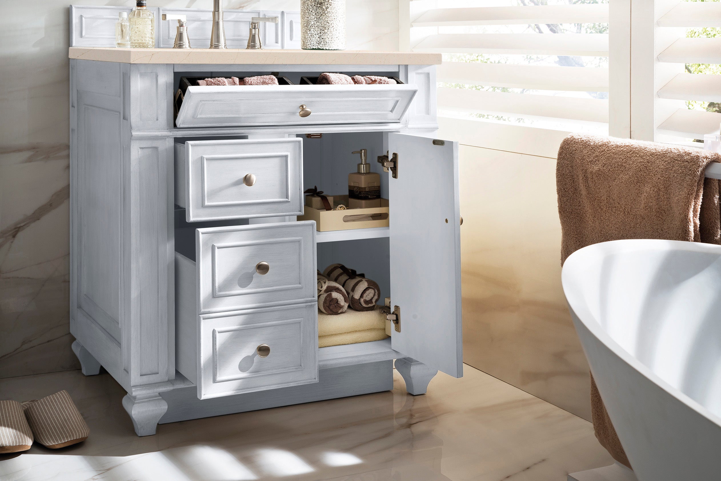 Bristol 30 Inch Single Bathroom Vanity Set with 3CM Eternal Marfil Quartz Countertop in Bright White - Perfect for Modern Master Bathrooms & Powder Rooms