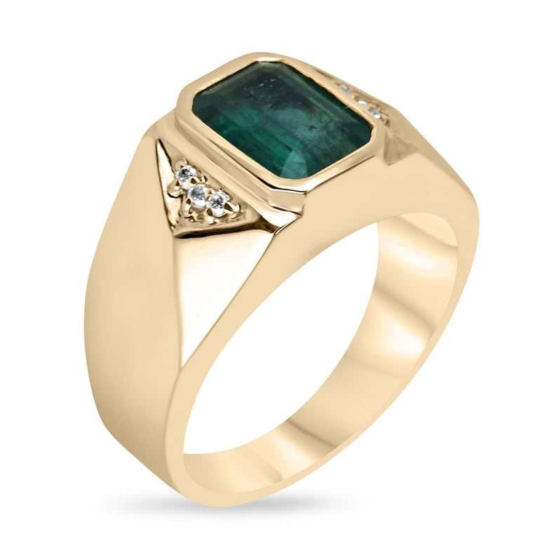 2.73 TCW 14K Gold Dark Green Natural Emerald Cut Diamond Accent Men's Ring - Elegant Wedding Band, Anniversary Gift, or Statement Jewelry for Special Occasions