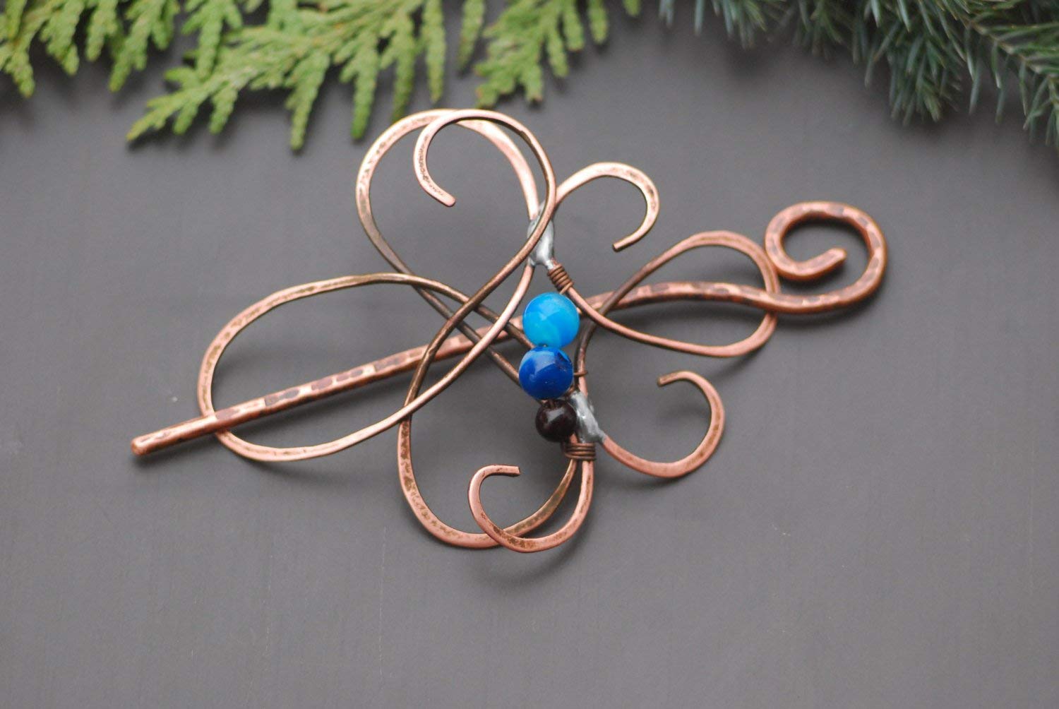 Blue Agate Copper Hair Pin - Rustic Textured Hair Clips for Women, Handmade Copper Hair Barrettes & Shawl Pins | Perfect for Boho Weddings, Vintage Styling & Everyday Accessories