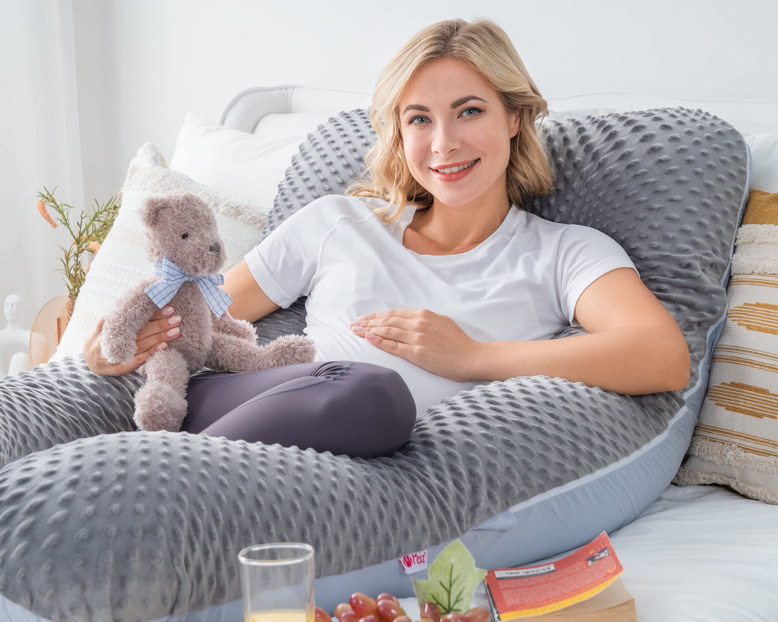 Meiz Pregnancy Pillow for Sleeping - Maternity Body Pillow with Cooling Jersey & Velvet Cover (Grey & Blue) - Support for Back, Hips & Belly - Perfect for Pregnant Women & Side Sleepers