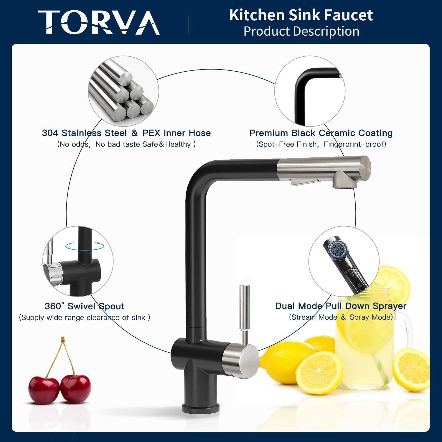 TORVA Stainless Steel Pull Down Kitchen Faucet with Pull Out Sprayer - Single Handle Deck Plate in Matte Black & Chrome | Modern Sink Faucet for Home & Commercial Kitchens
