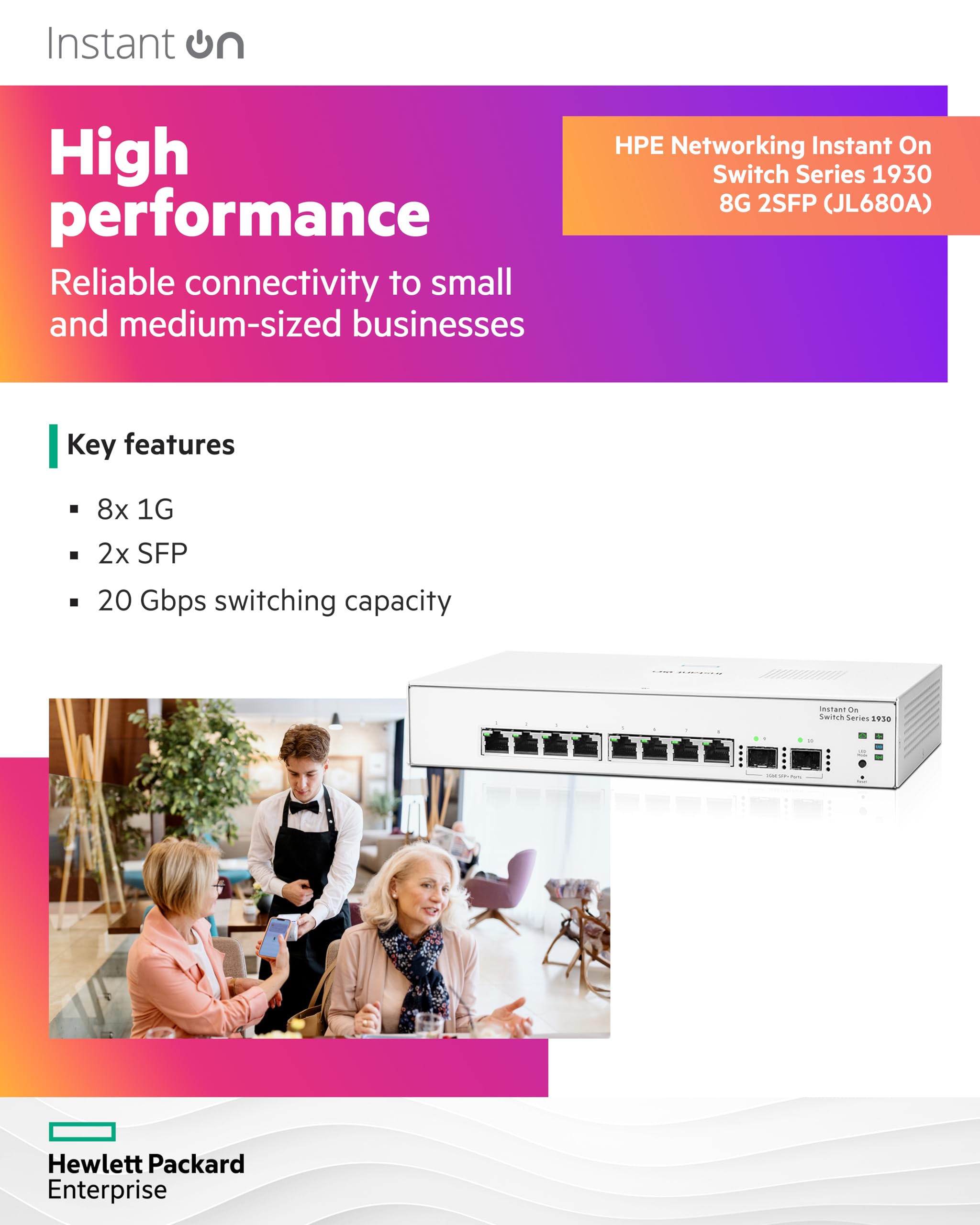 HPE Networking Instant On 1930 8-Port Gigabit Smart Managed Layer 2+ Ethernet Switch | 8x 1G Ports + 2x SFP Slots | US Power Cord (JL680A#ABA) | Ideal for Small Business Networks & Home Office Setups