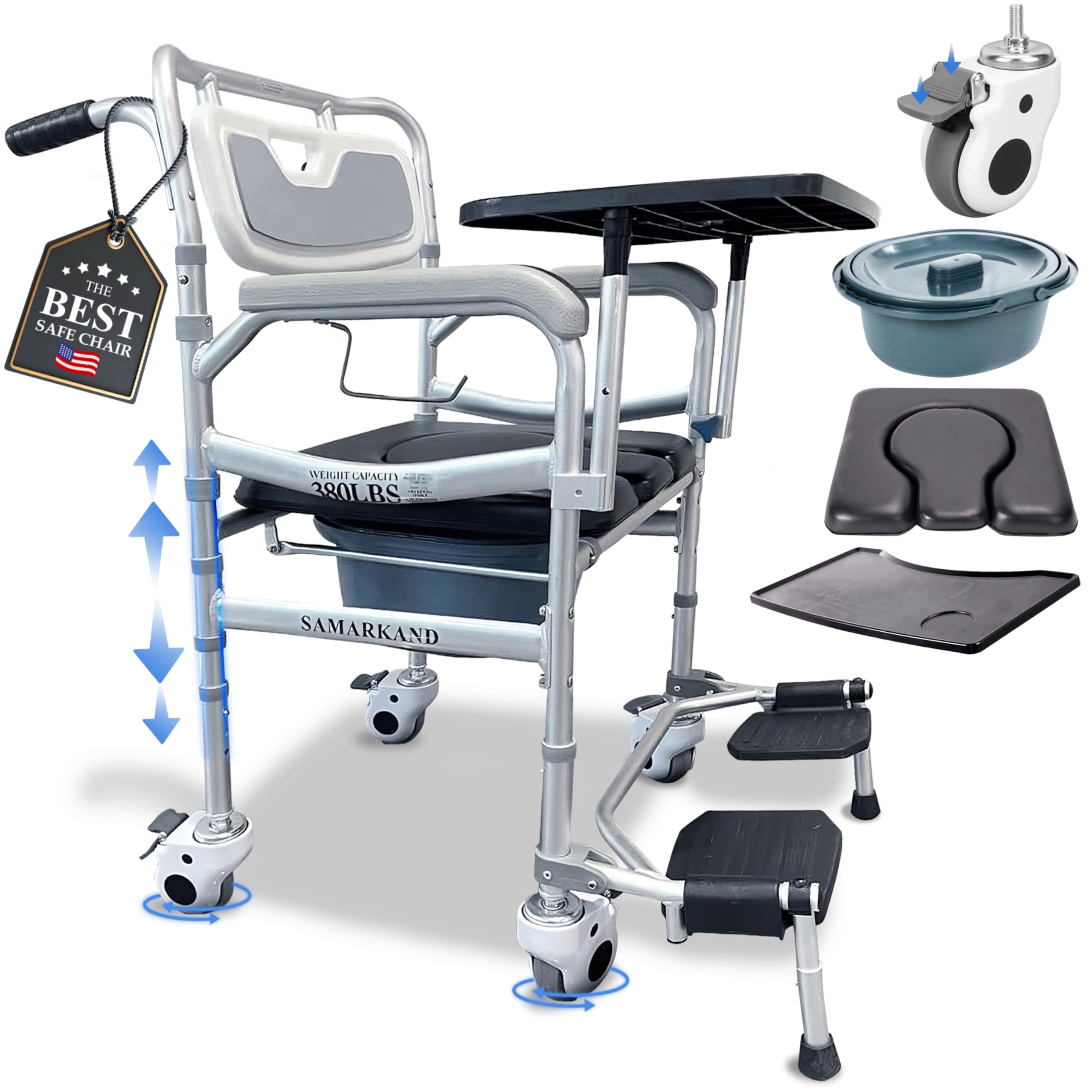 3-in-1 Wheeled Shower Commode Chair with Arms & Removable Tray - Adjustable Height Bathroom Safety Seat for Elderly & Disabled Adults - Ideal for Toilet, Shower & Mobility Assistance - Durable Medical Commode Wheelchair (Silla de Ruedas para Adultos)