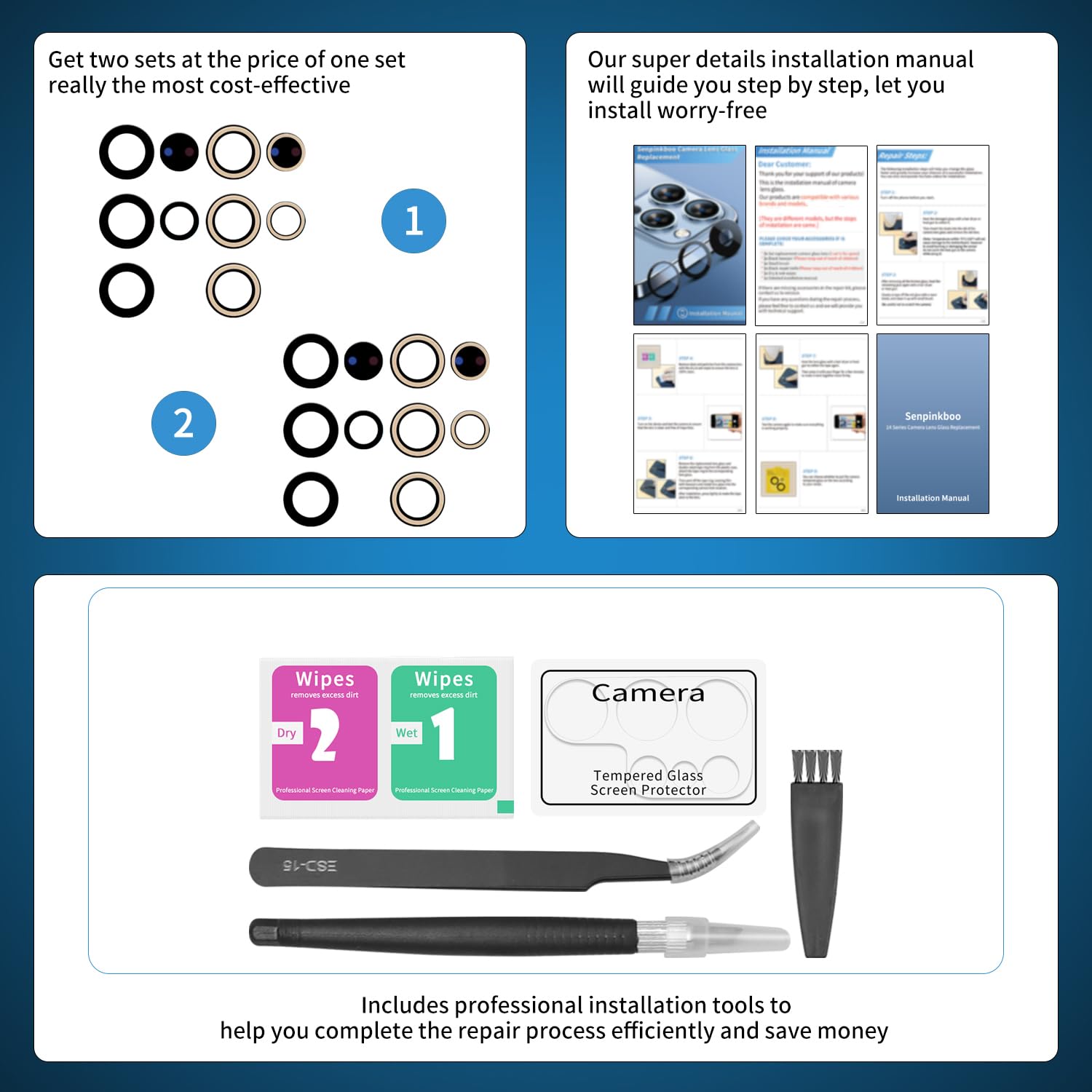 2 Pack Samsung Galaxy S23 Ultra Rear Camera Lens Glass Replacement with Pre-Installed Adhesive - Includes Repair Tools, Installation Manual & Lens Protector for DIY Phone Repair & Protection