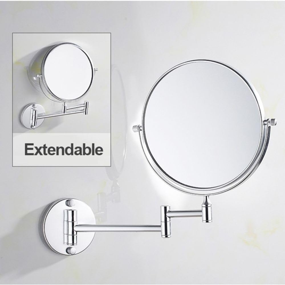 JPS 8 Inch Round Wall Mount Makeup Mirror with 5X Magnification - Brass Framed Adjustable Bathroom Mirror with Bracket (Silver Series) | Perfect for Shaving, Makeup Application & Grooming