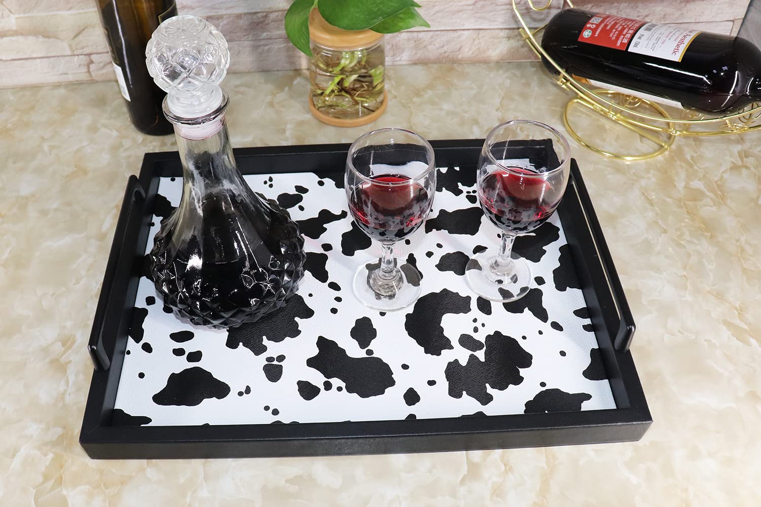 MCBZ Leather Decorative Serving Tray for Coffee Table - 16.5 x 12.6 Inches Black Tray with Metal Handles - Perfect for Living Room Decor, Dining Table Centerpiece & Gift Giving