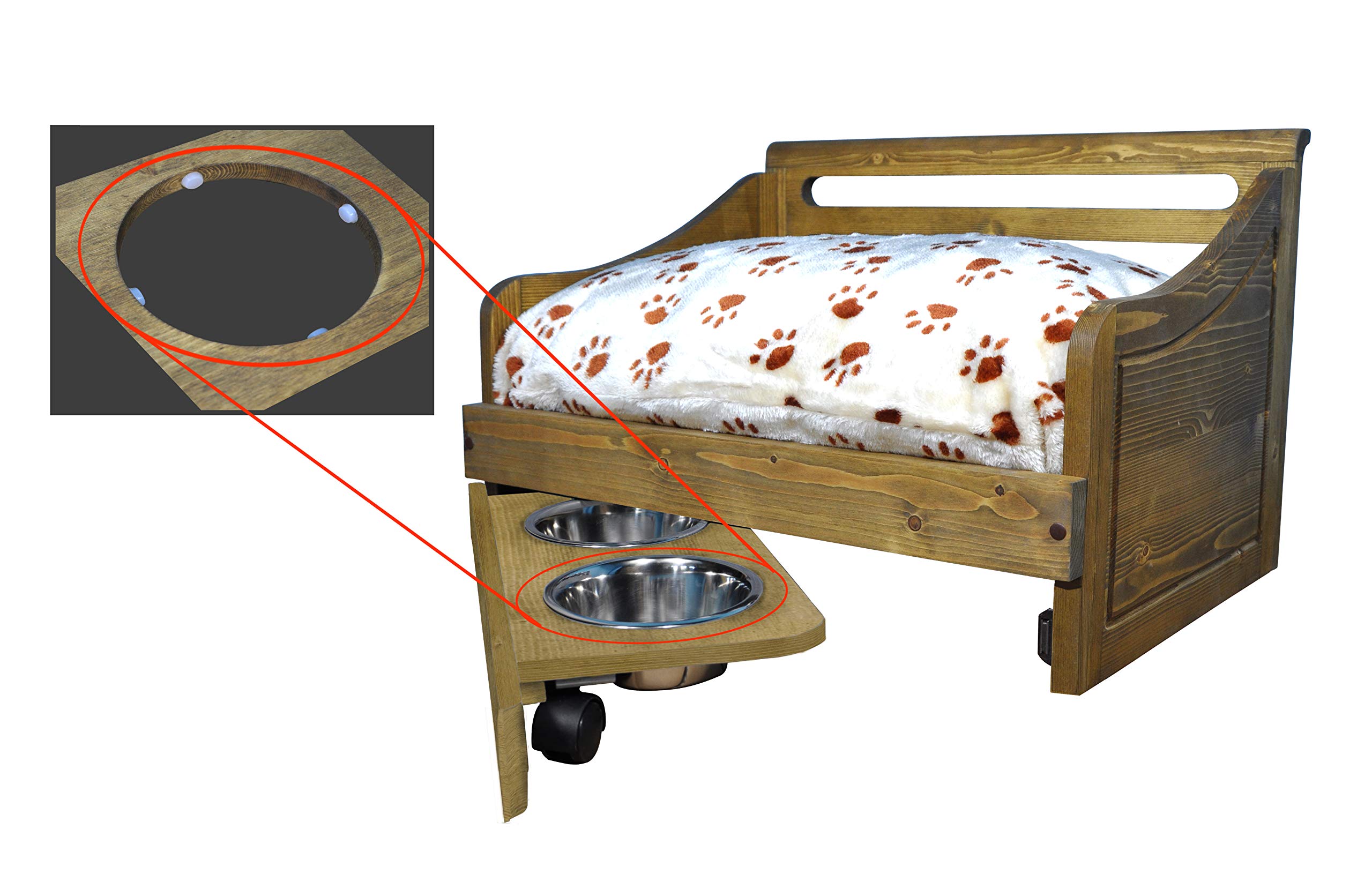 Stylish Rustic Brown Wooden Pet Bed with Feeder - Small Multipurpose Pet Furniture for Dogs & Cats - Perfect for Living Room, Bedroom or Outdoor Use