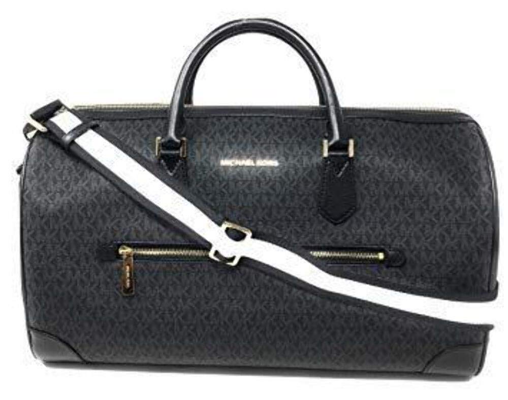 Michael Kors Large Travel Duffle Bag - Black PVC Signature Design for Women | Spacious Weekender Bag for Gym, Work & Overnight Trips