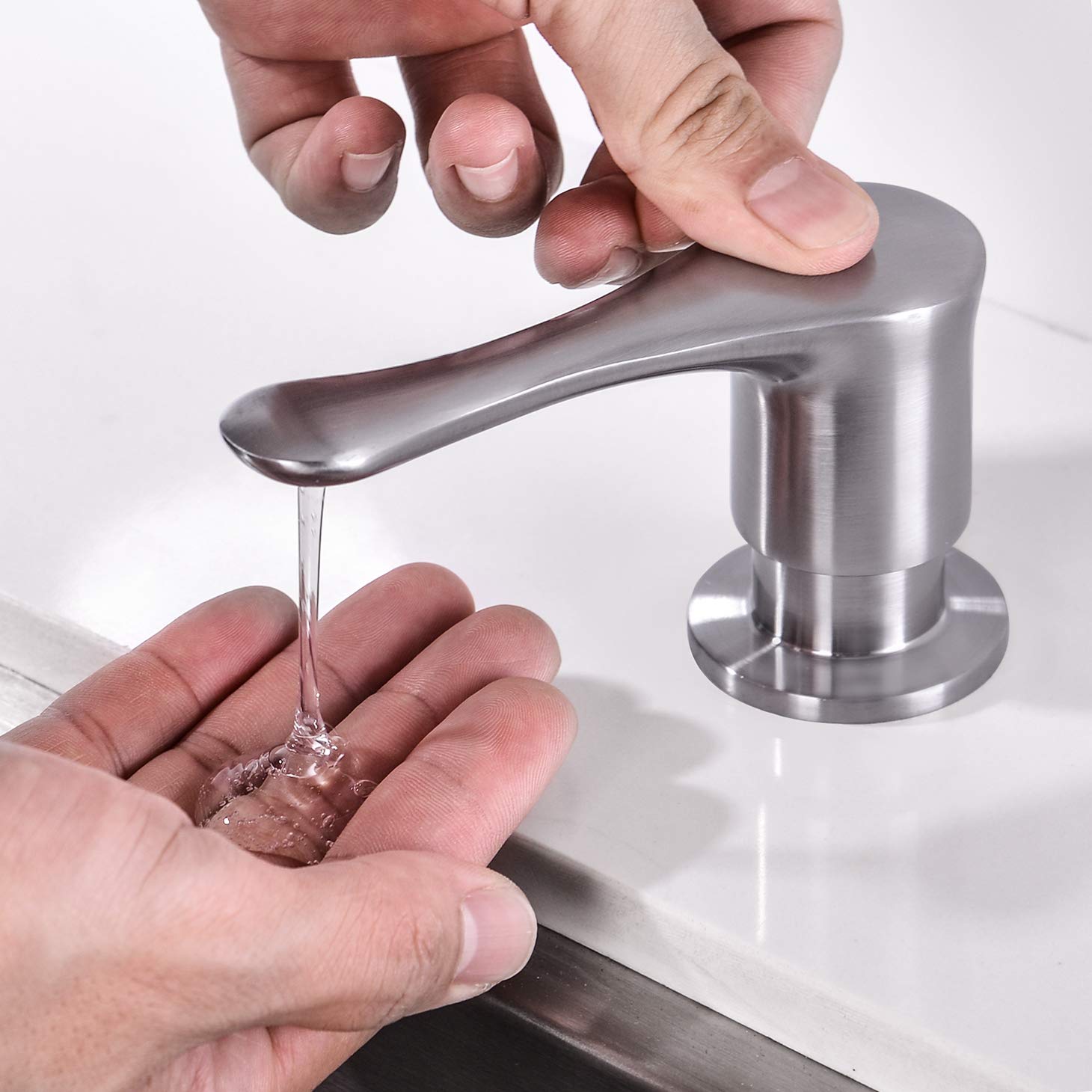 BZOOSIU Brushed Nickel Kitchen Sink Soap Dispenser - Solid Brass Pump Head, Refillable Stainless Steel Bottle with Spot-Resistant Finish | Perfect for Modern Kitchens, Restaurants & Bathrooms
