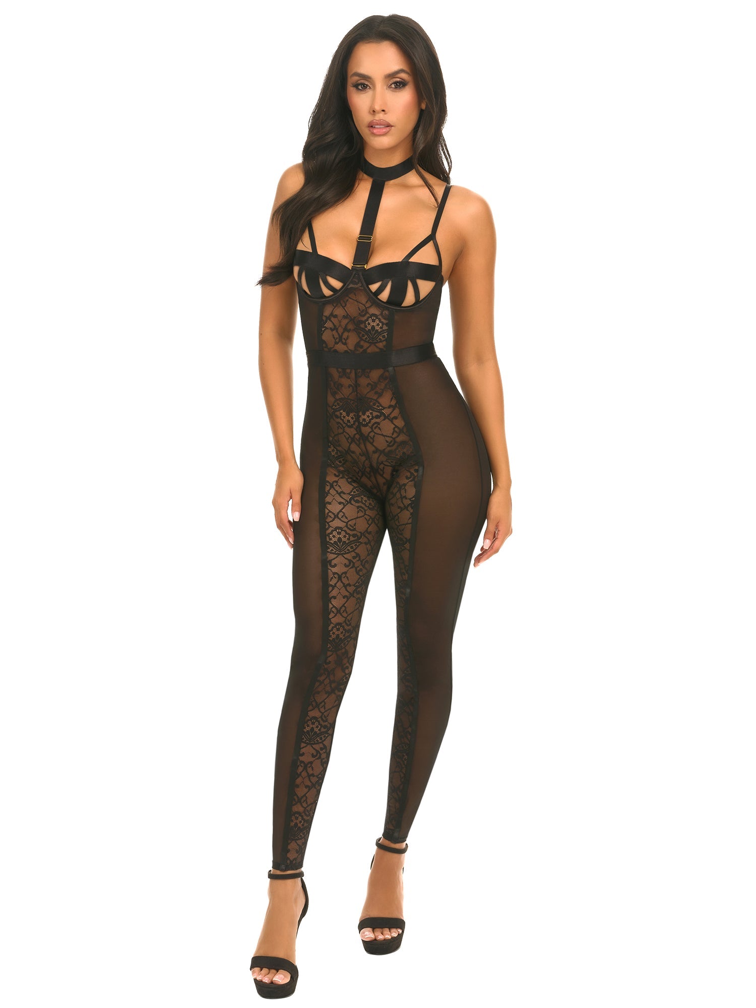 Sensual Sia Cage Lace Catsuit - Elegant Full-Body Mesh Bodysuit for Women | Perfect for Burlesque, Cosplay & Nightclub Outfits