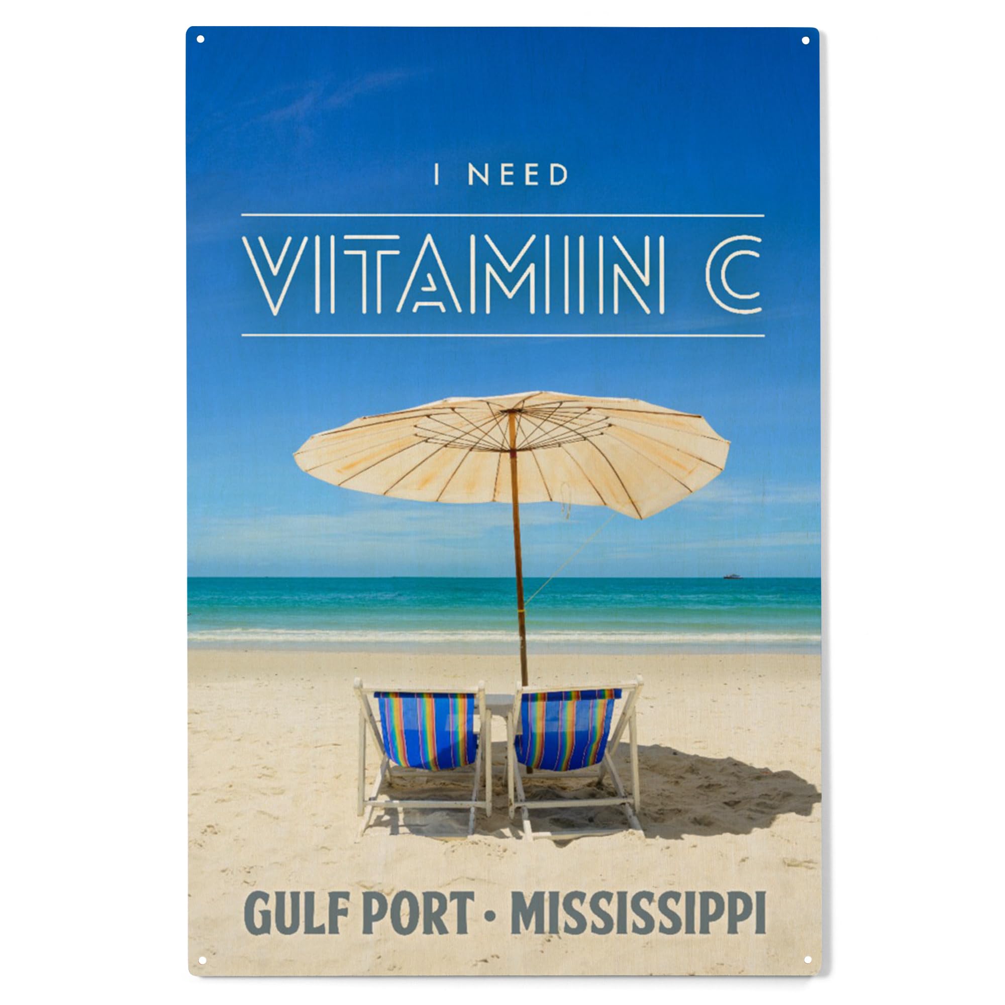 Lantern Press 10x15 Inch Wooden Wall Sign - Ready to Hang Coastal Decor Featuring Gulfport Mississippi Beach Scene with 'I Need Vitamin C' Design - Perfect for Beach House, Porch, or Living Room Decor
