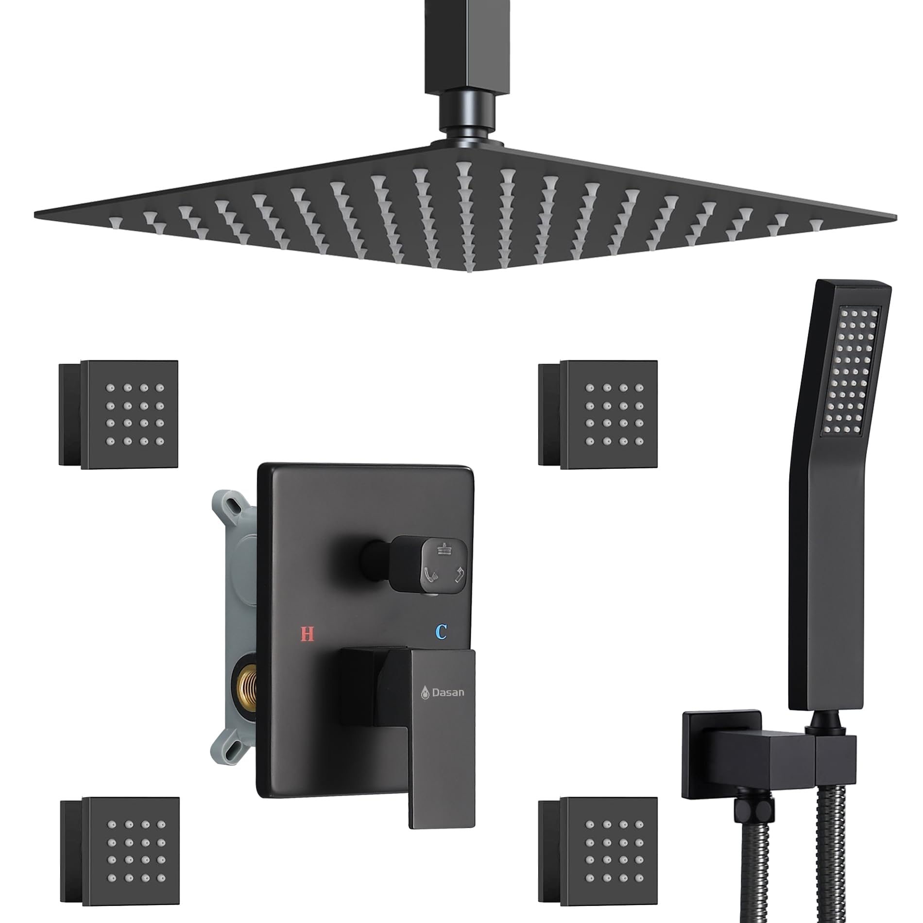 Matte Black Shower System with 4 Body Spray Jets, 12’’ Rainfall Ceiling Shower Head & Handheld Spray - DASAN Full Body Shower Faucet Combo Set (SA-SS03BMB-S12C) for Luxurious Spa-Like Bathroom Experience